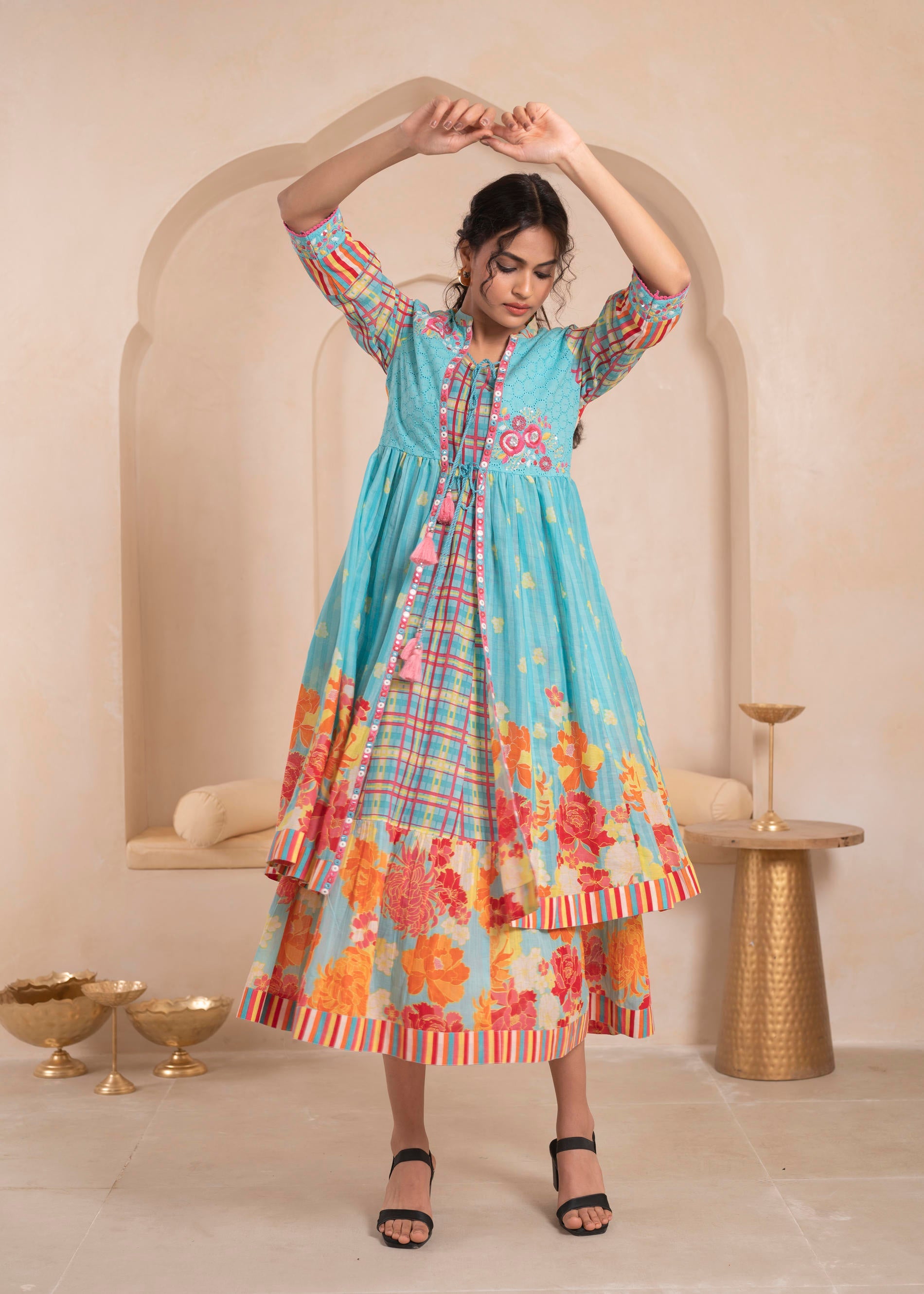 Sky Blue Layered Flared Dress with Printed Hem and Embroidered Yoke