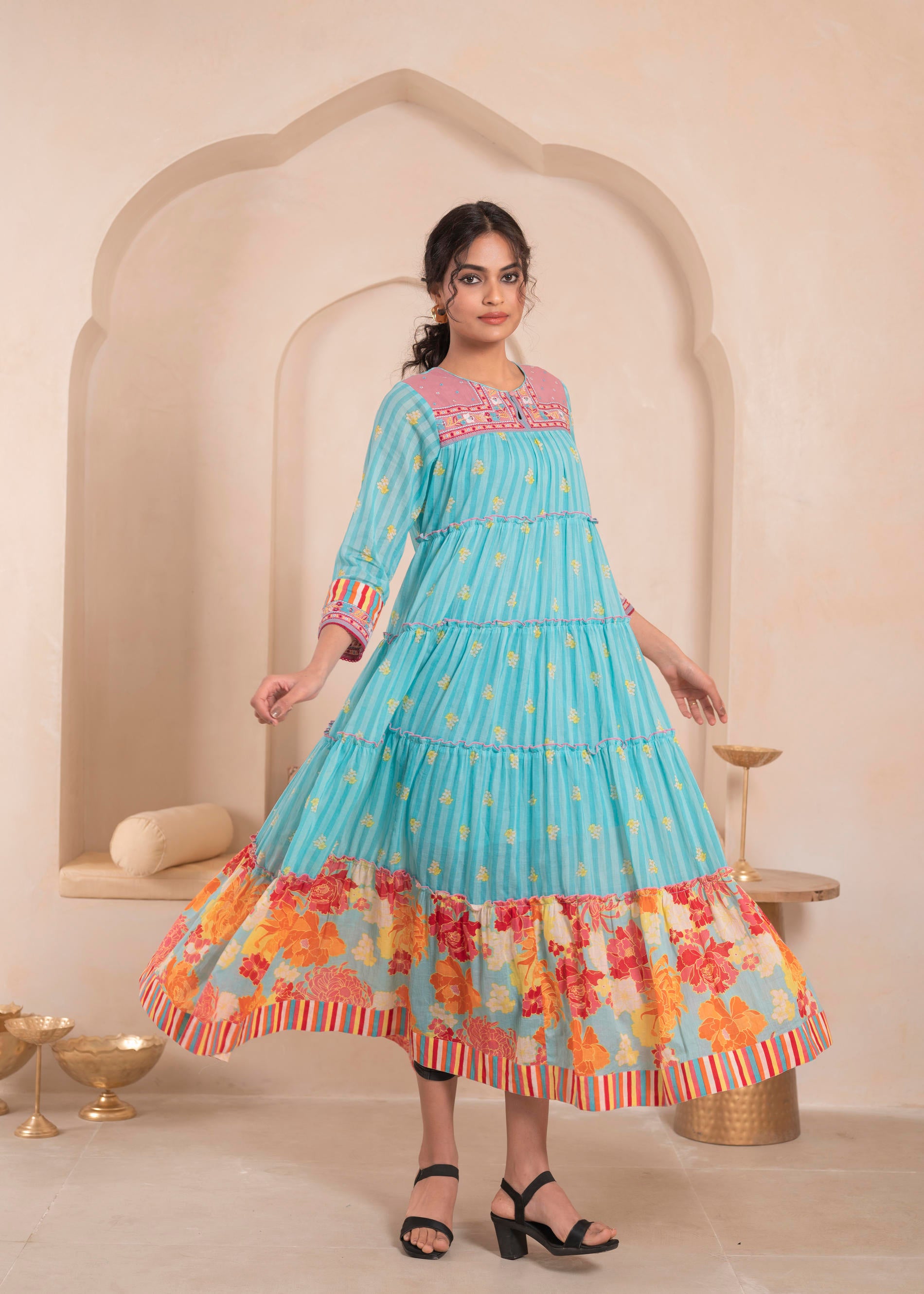 Sky Blue Layered Flared Dress with Printed Hem and Embroidered Yoke