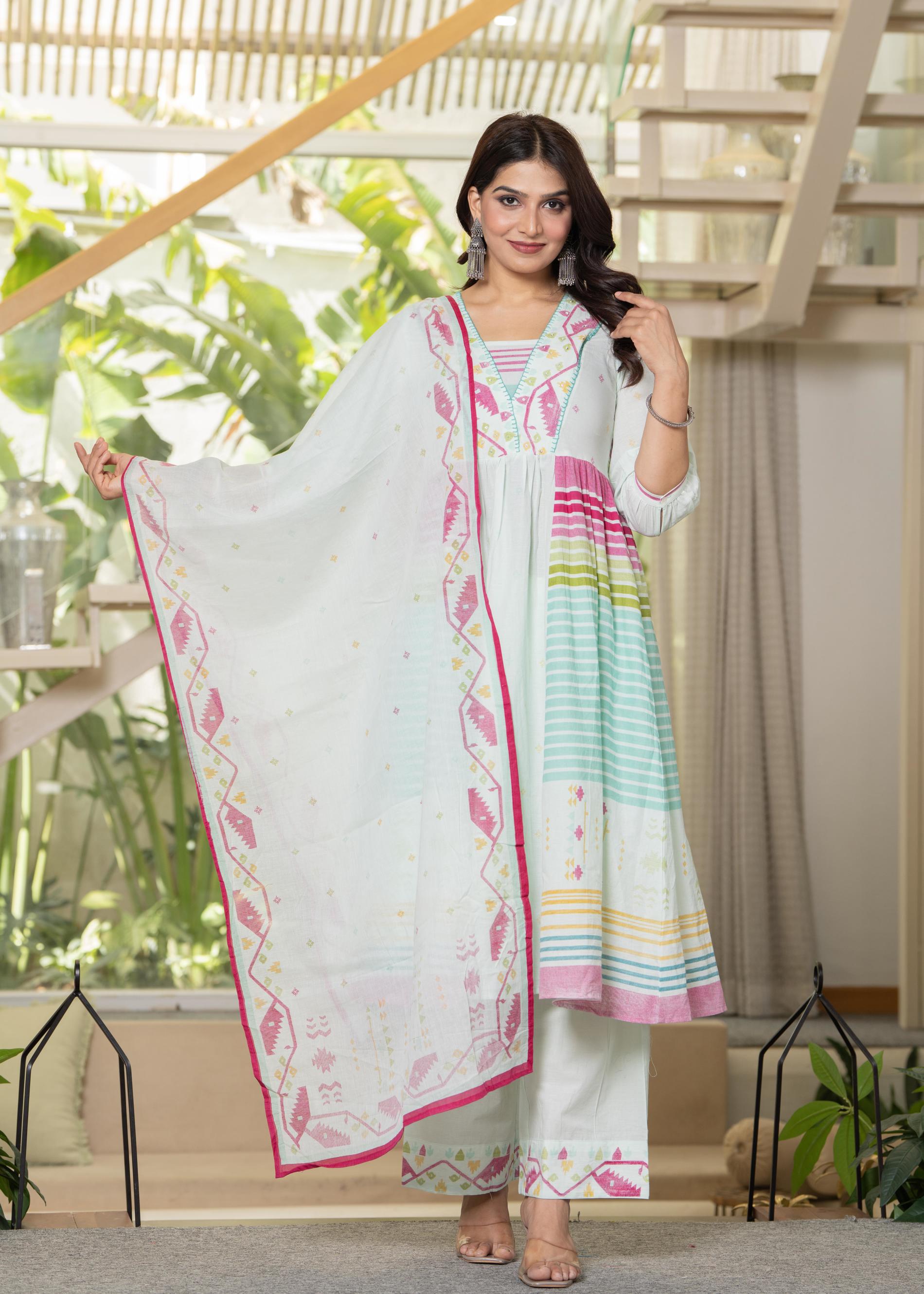 Pista Green Striped Kurta Set with Tribal Print Detailing and Dupatta