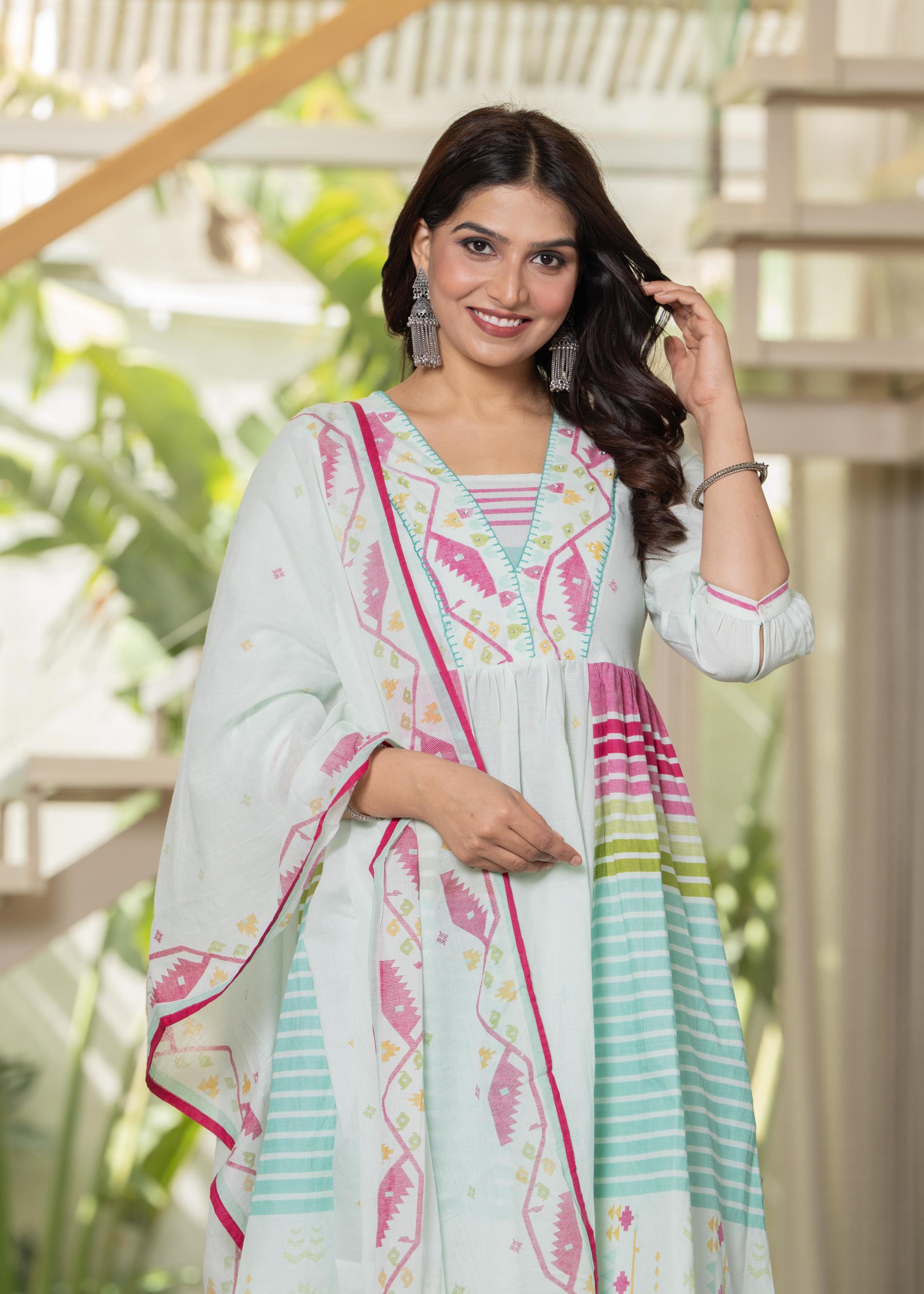 Pista Green Striped Kurta Set with Tribal Print Detailing and Dupatta