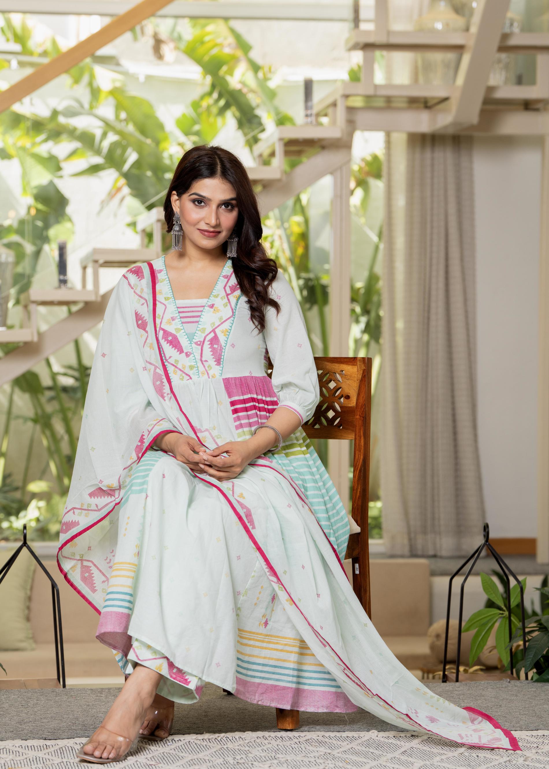 Pista Green Striped Kurta Set with Tribal Print Detailing and Dupatta