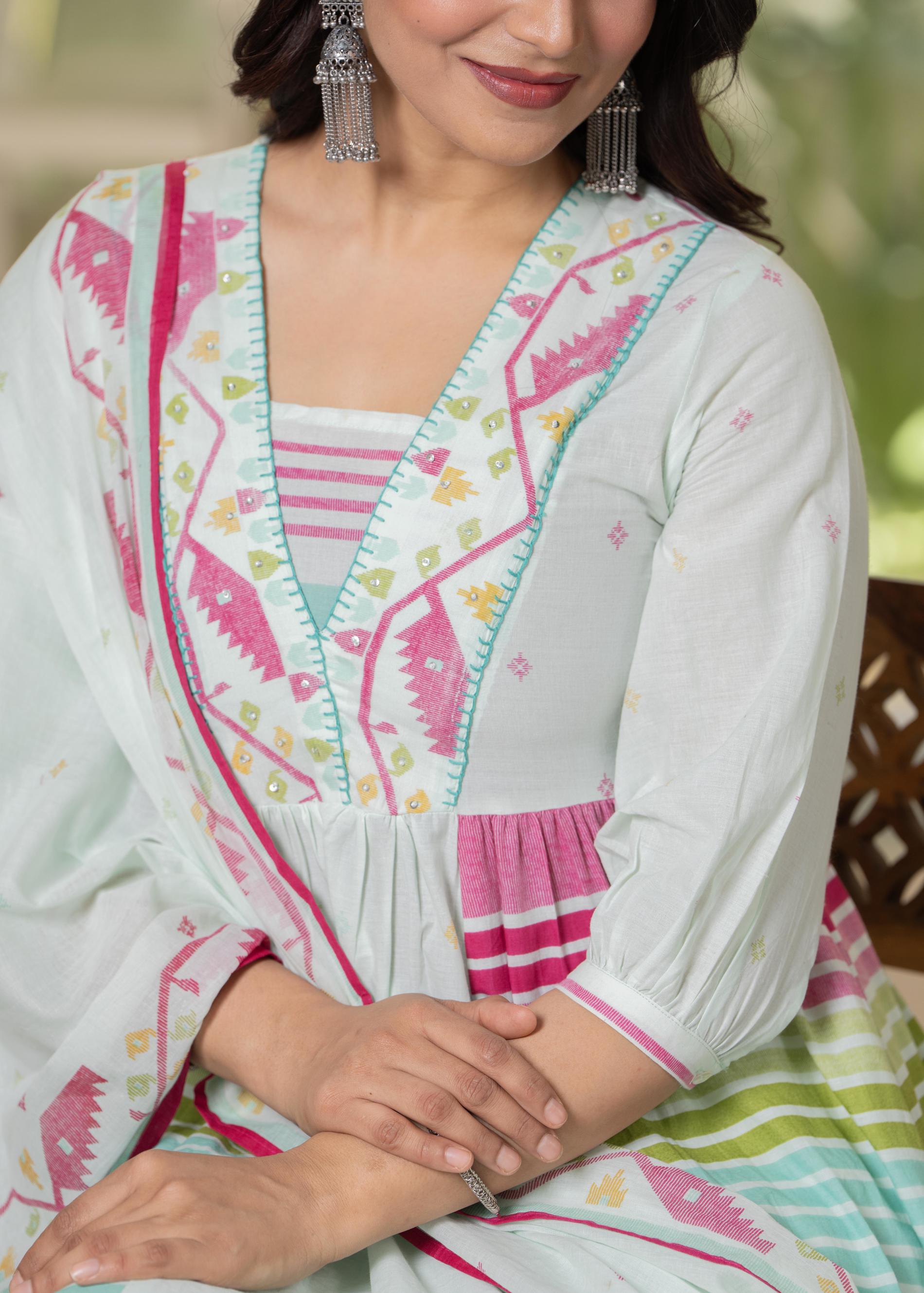 Pista Green Striped Kurta Set with Tribal Print Detailing and Dupatta
