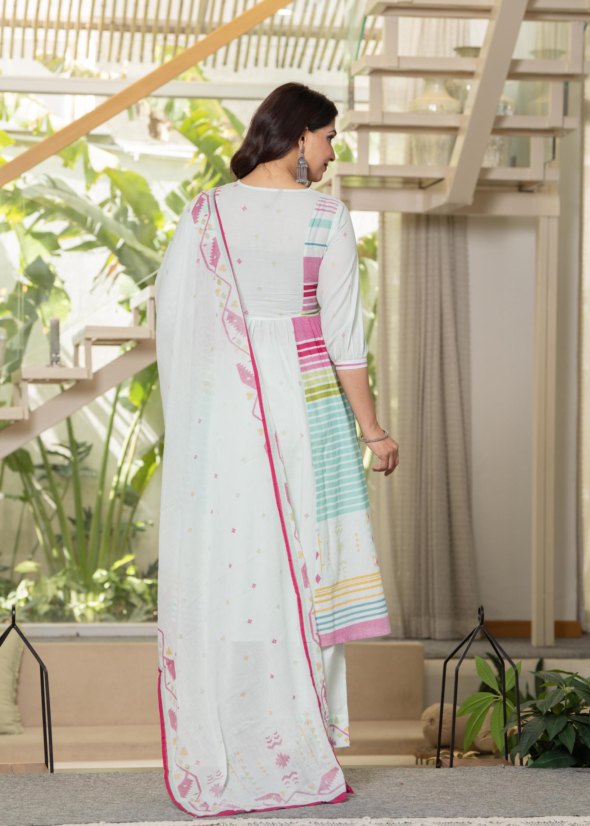 Pista Green Striped Kurta Set with Tribal Print Detailing and Dupatta