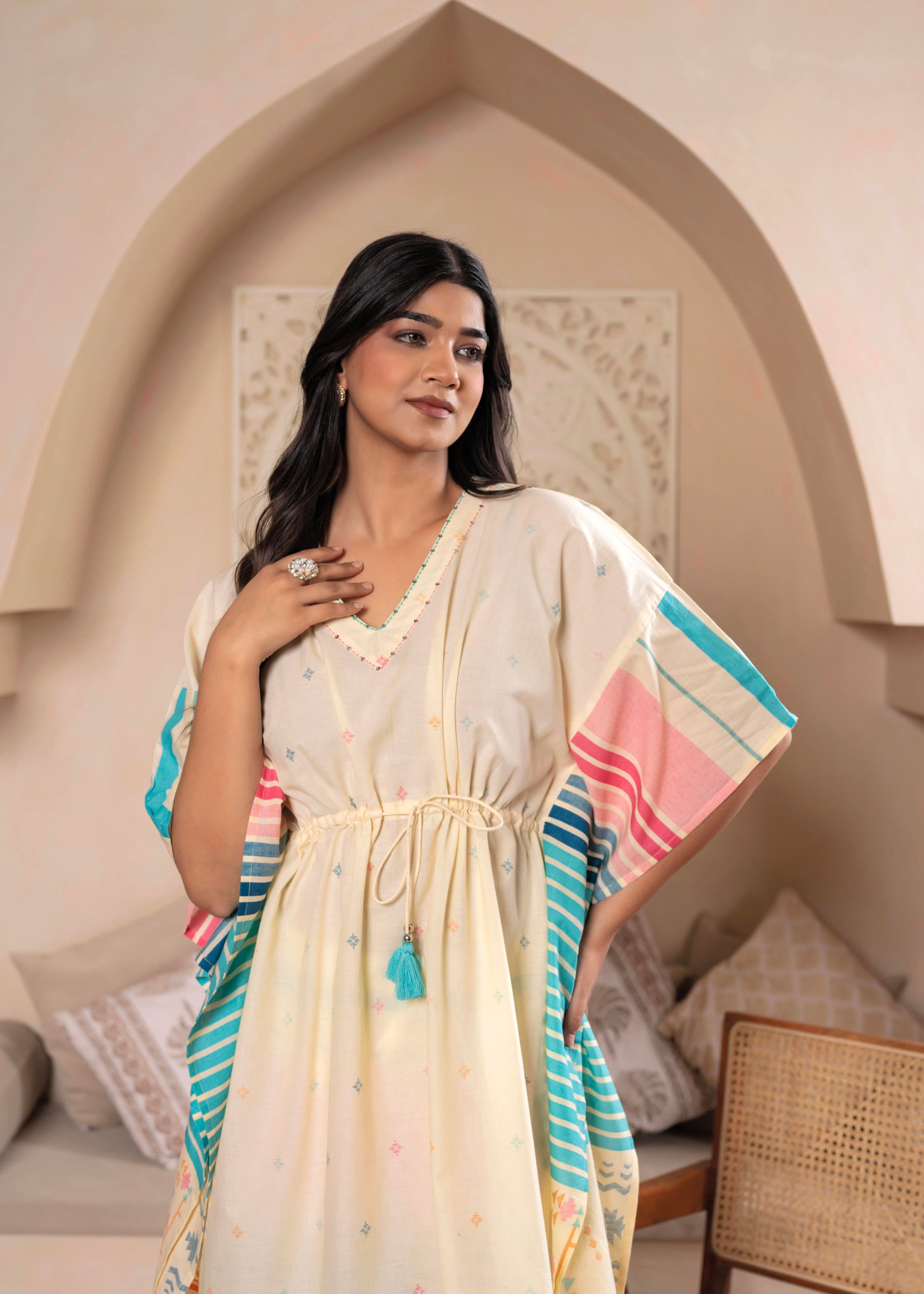 Ivory Printed Kaftan-Style Kurta Set with Drawstring Waist and Tribal Pastel Print