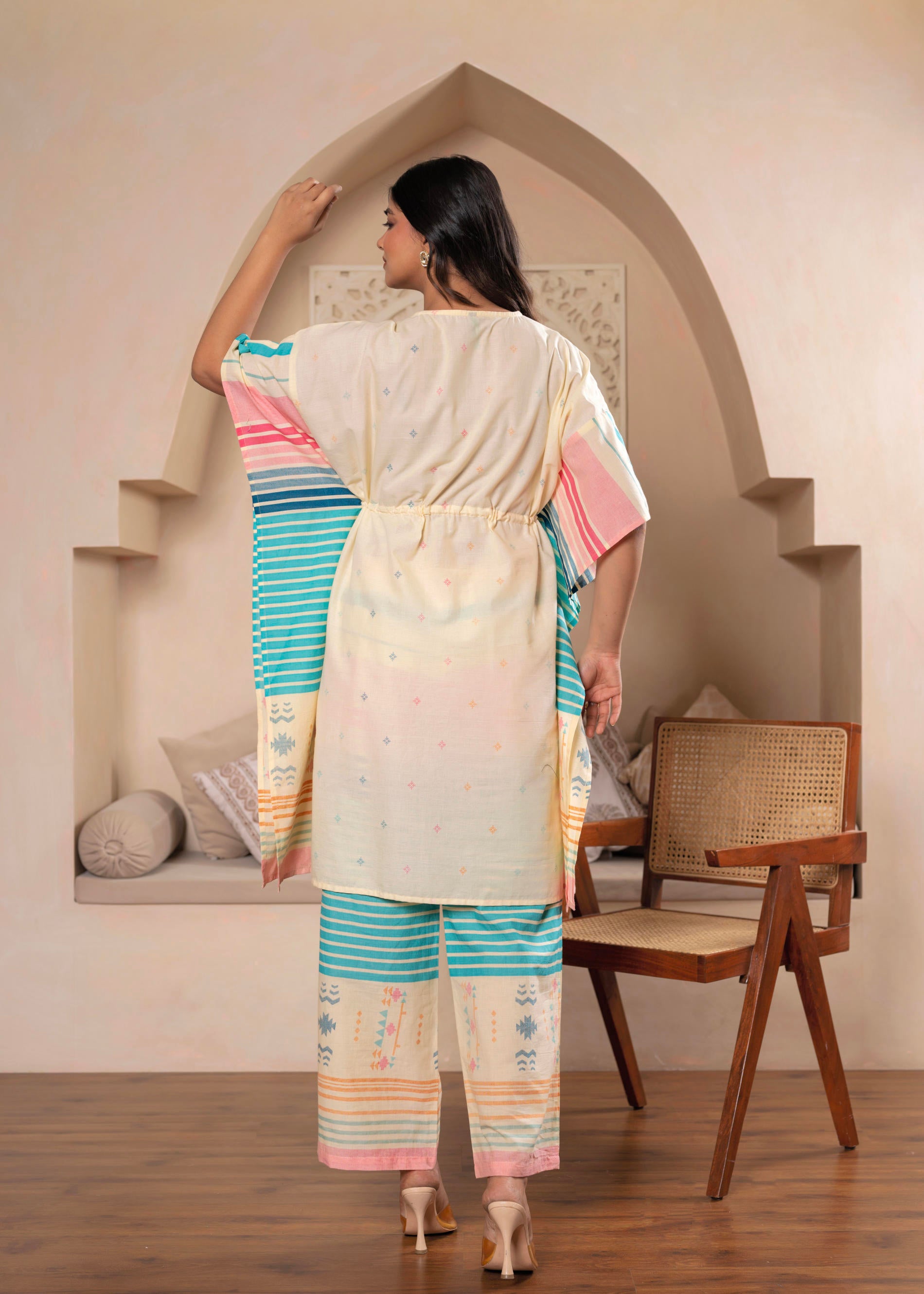 Ivory Printed Kaftan-Style Kurta Set with Drawstring Waist and Tribal Pastel Print