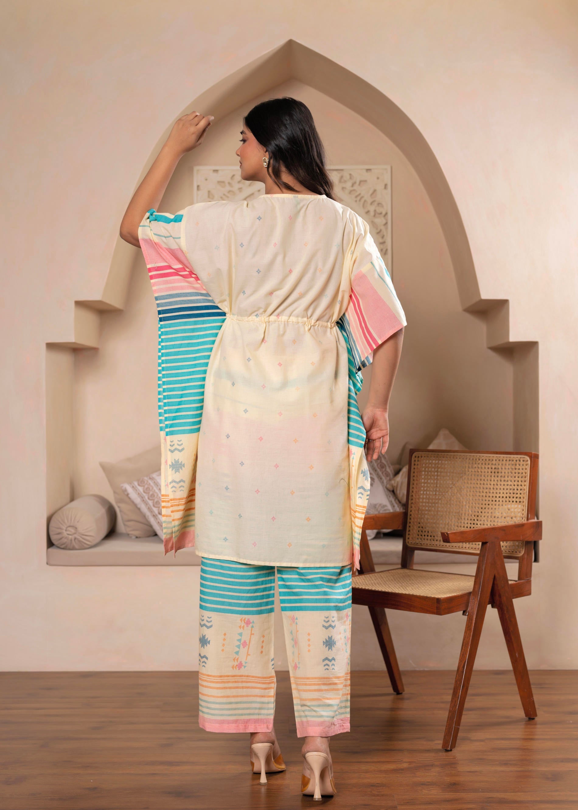 Ivory Printed Kaftan-Style Kurta Set with Drawstring Waist and Tribal Pastel Print