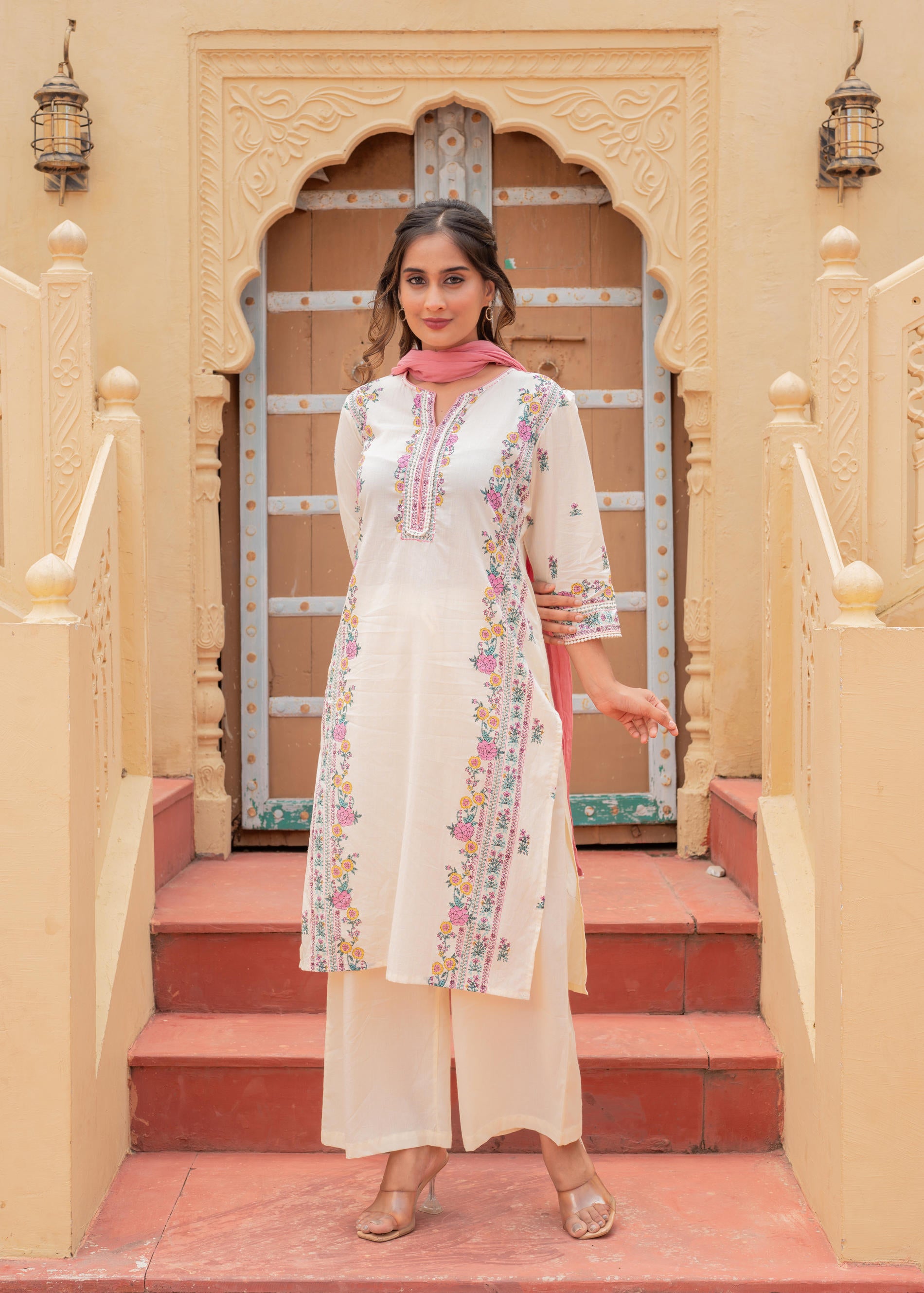 Soft Pastel Floral Printed Ivory Kurti Set