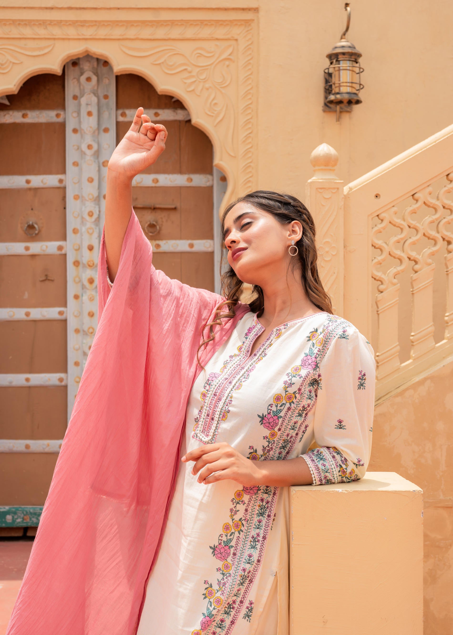 Soft Pastel Floral Printed Ivory Kurti Set