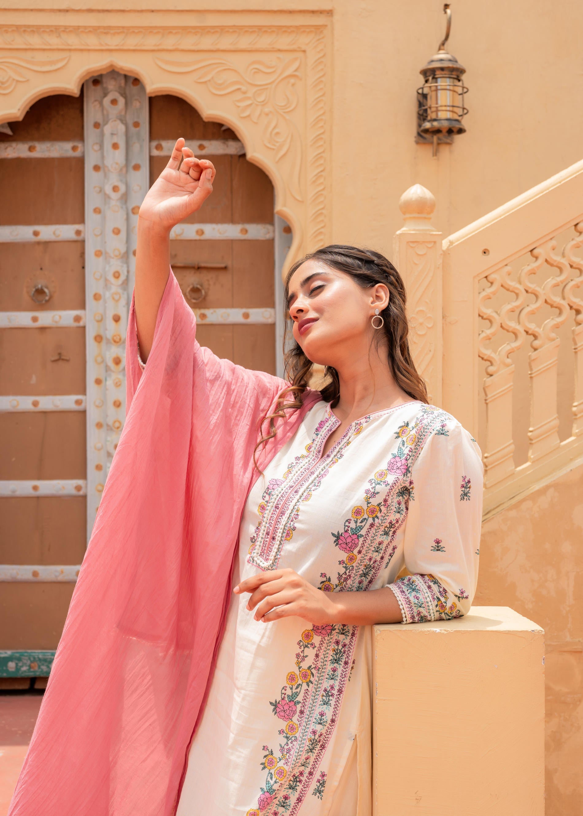 Soft Pastel Floral Printed Ivory Kurti Set