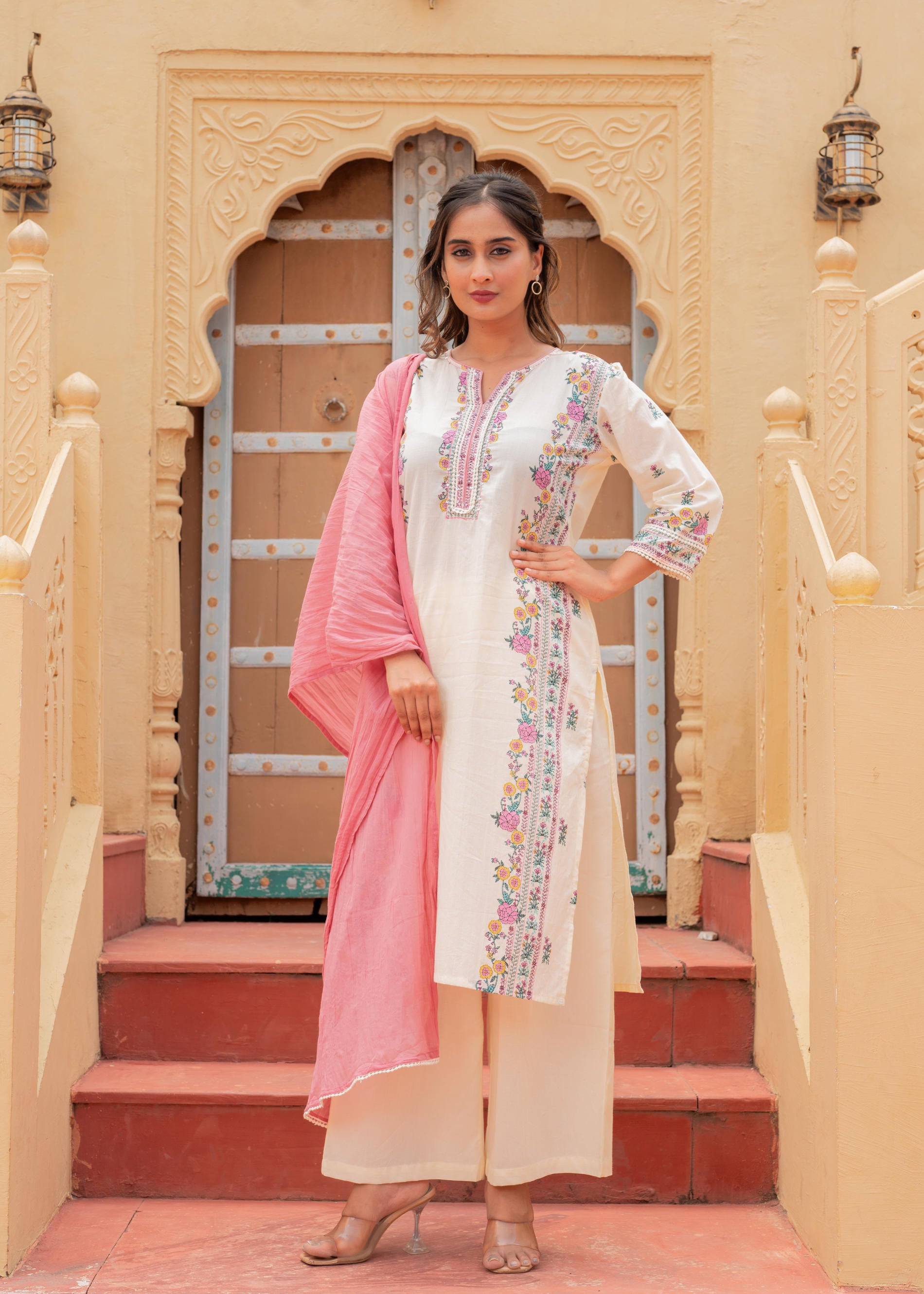 Soft Pastel Floral Printed Ivory Kurti Set