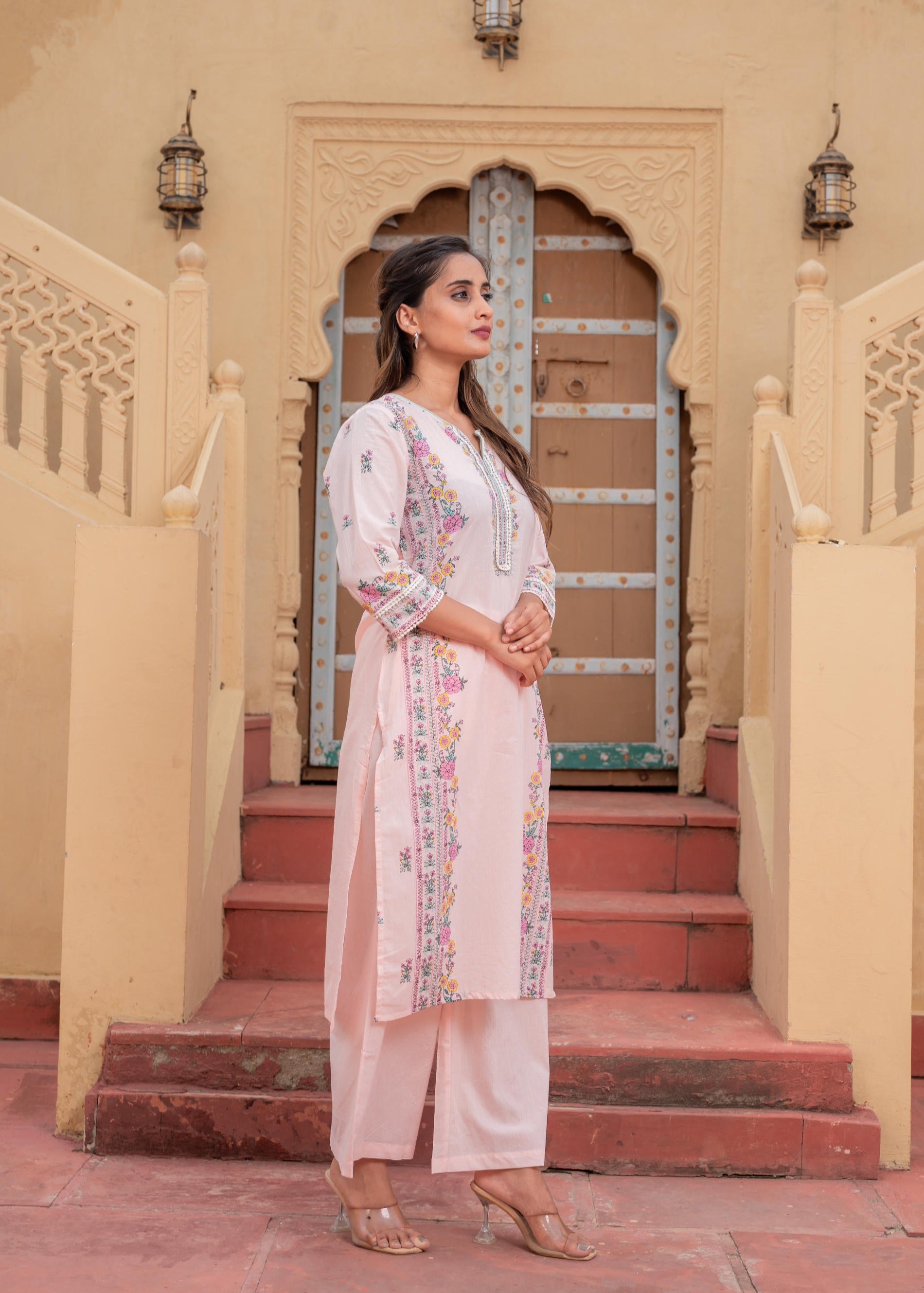 Soft Pastel Floral Printed Onion Pink Kurti Set