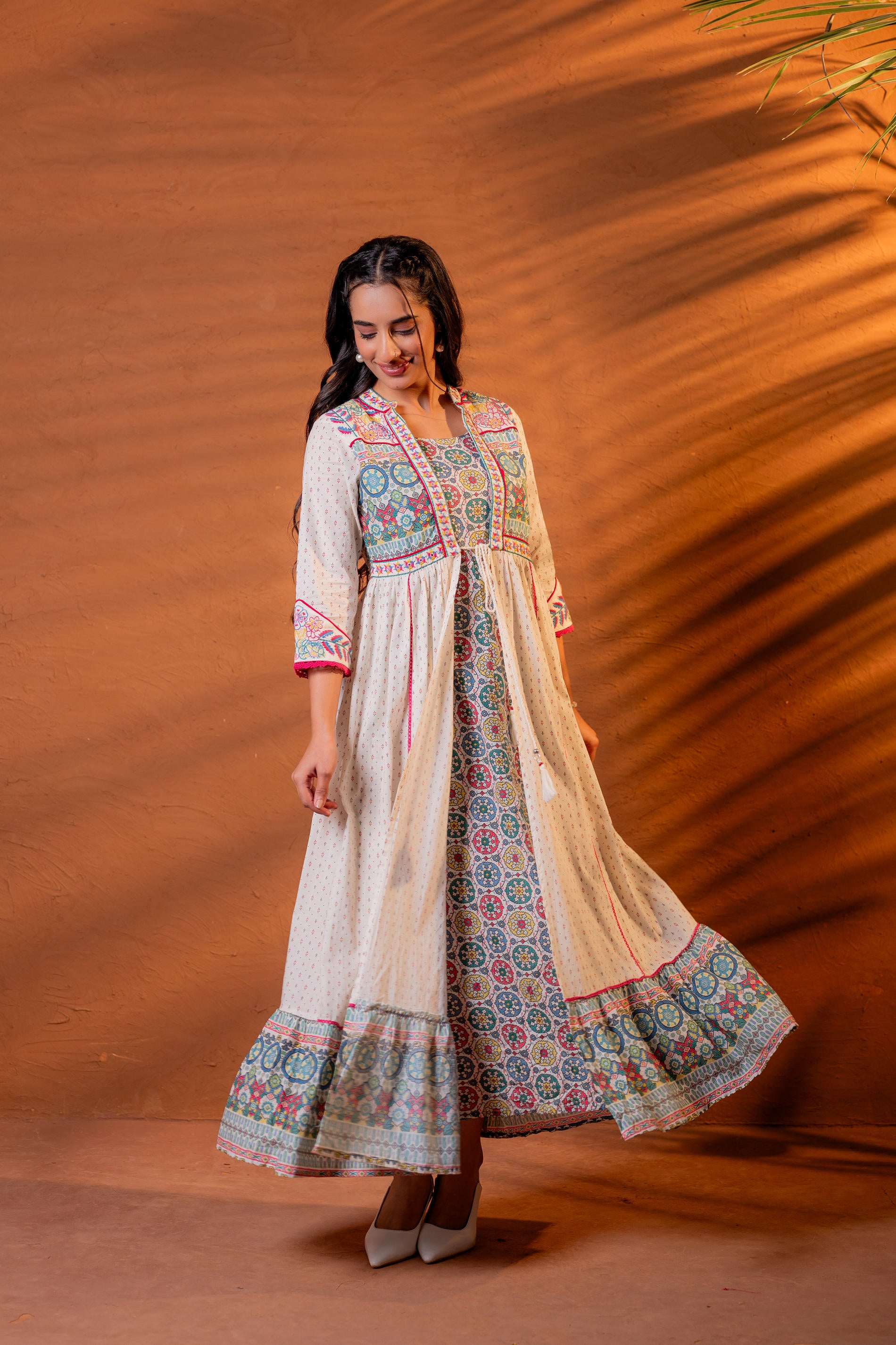 Ivory Embroidered Flared Midi Dress with Ethnic Motifs