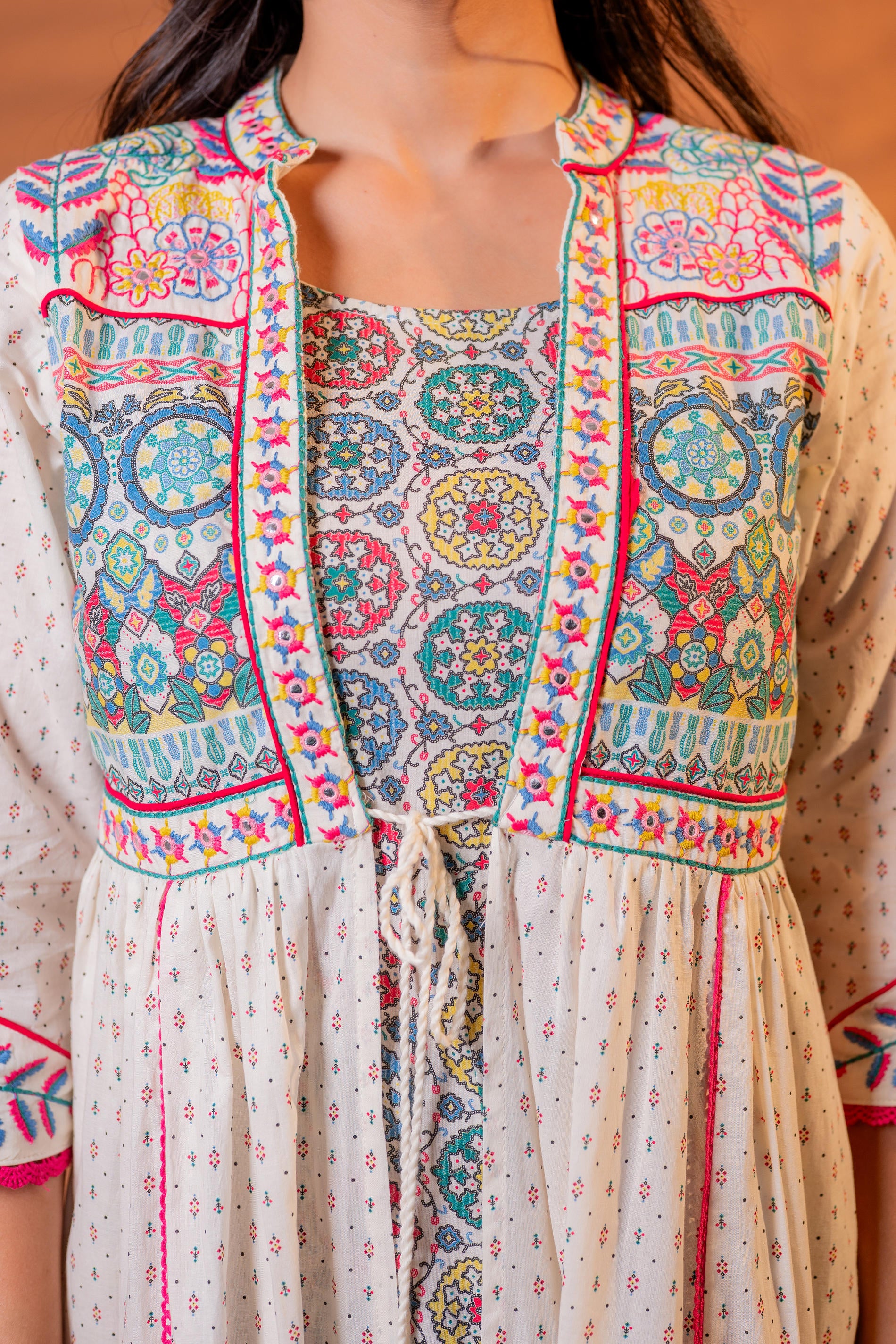 Ivory Embroidered Flared Midi Dress with Ethnic Motifs