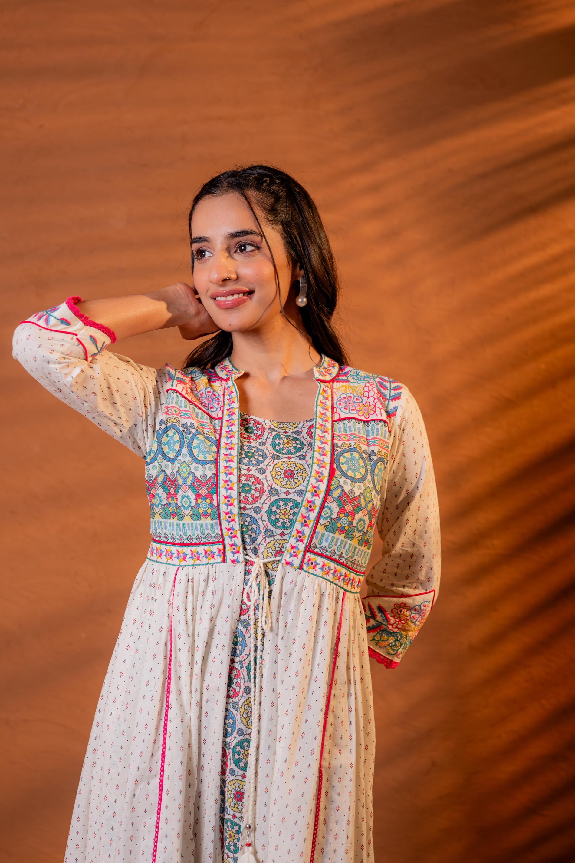 Ivory Embroidered Flared Midi Dress with Ethnic Motifs