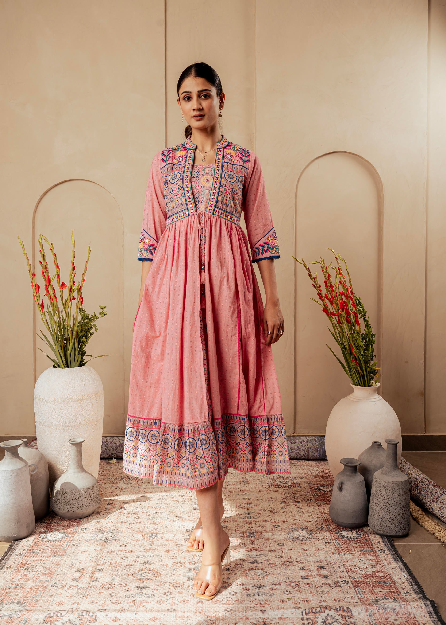 Onion Pink Embroidered Flared Midi Dress with Ethnic Motifs