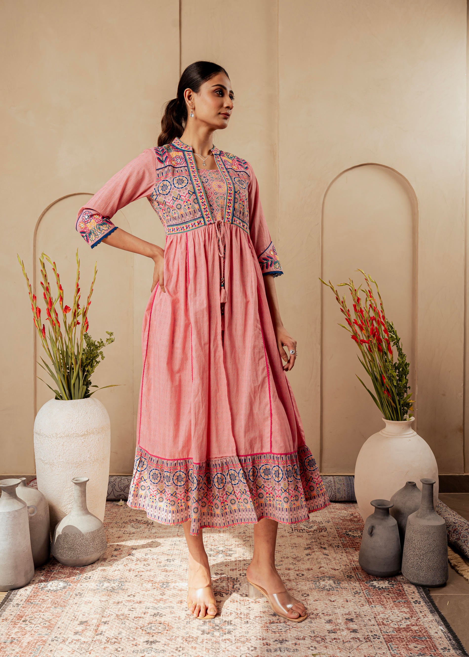 Onion Pink Embroidered Flared Midi Dress with Ethnic Motifs