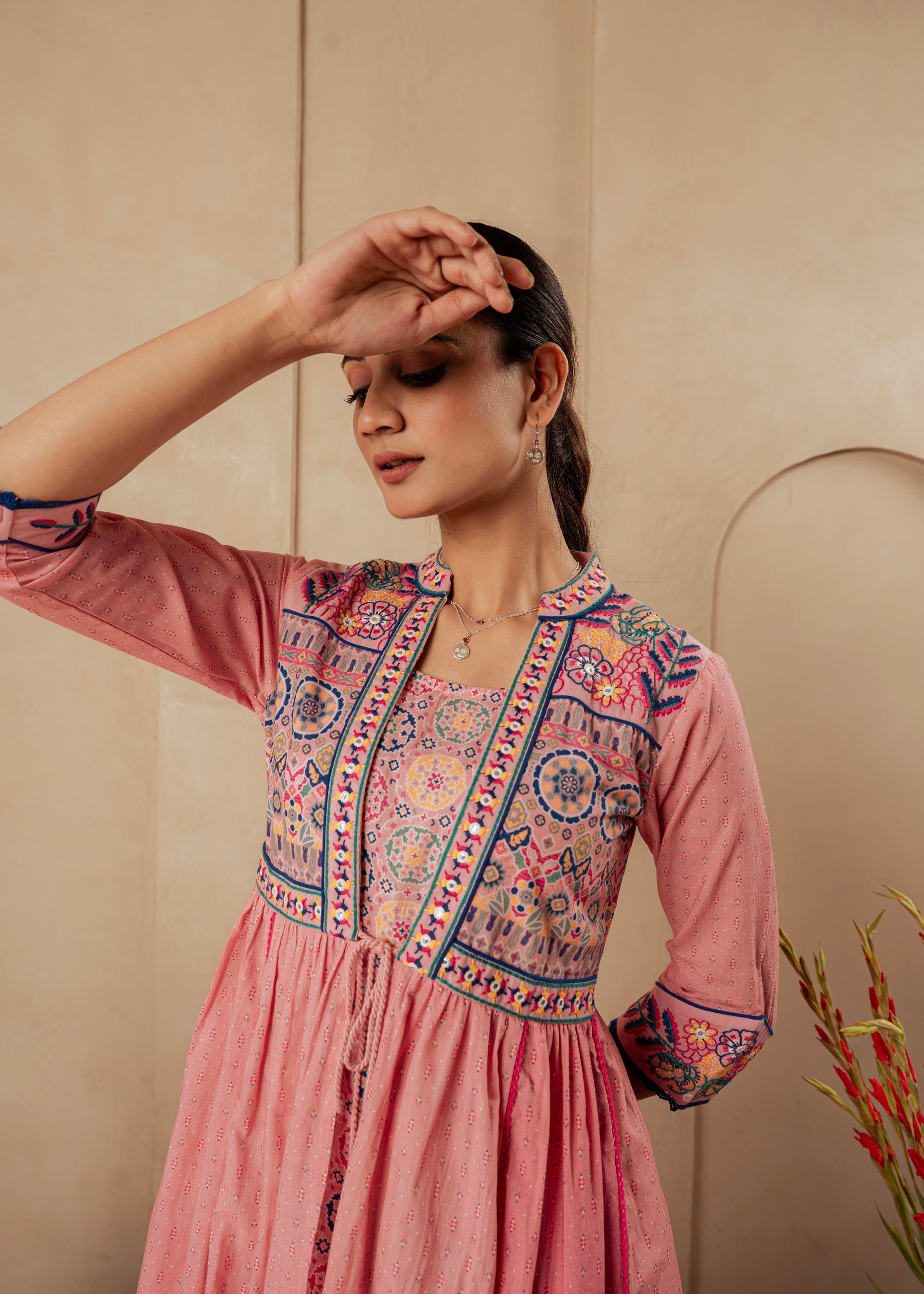 Onion Pink Embroidered Flared Midi Dress with Ethnic Motifs