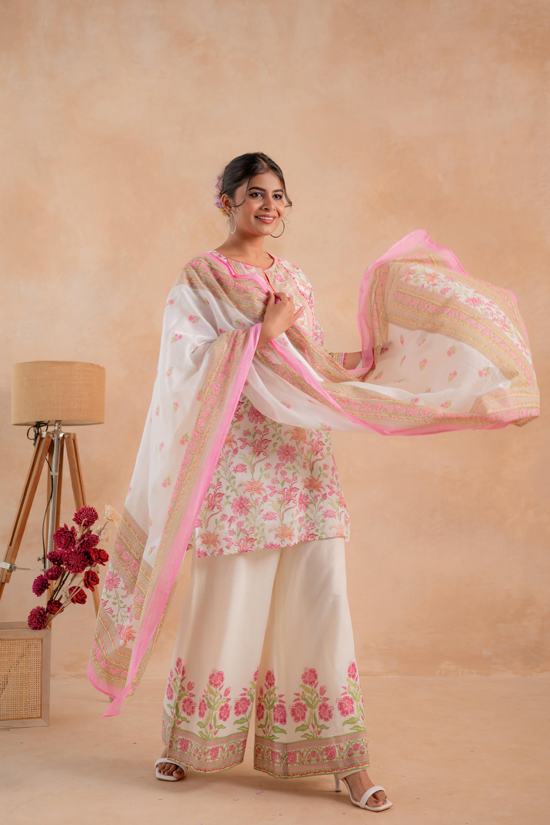 Gulbahaar Ivory Floral Printed Kurta Palazzo And Dupatta Set