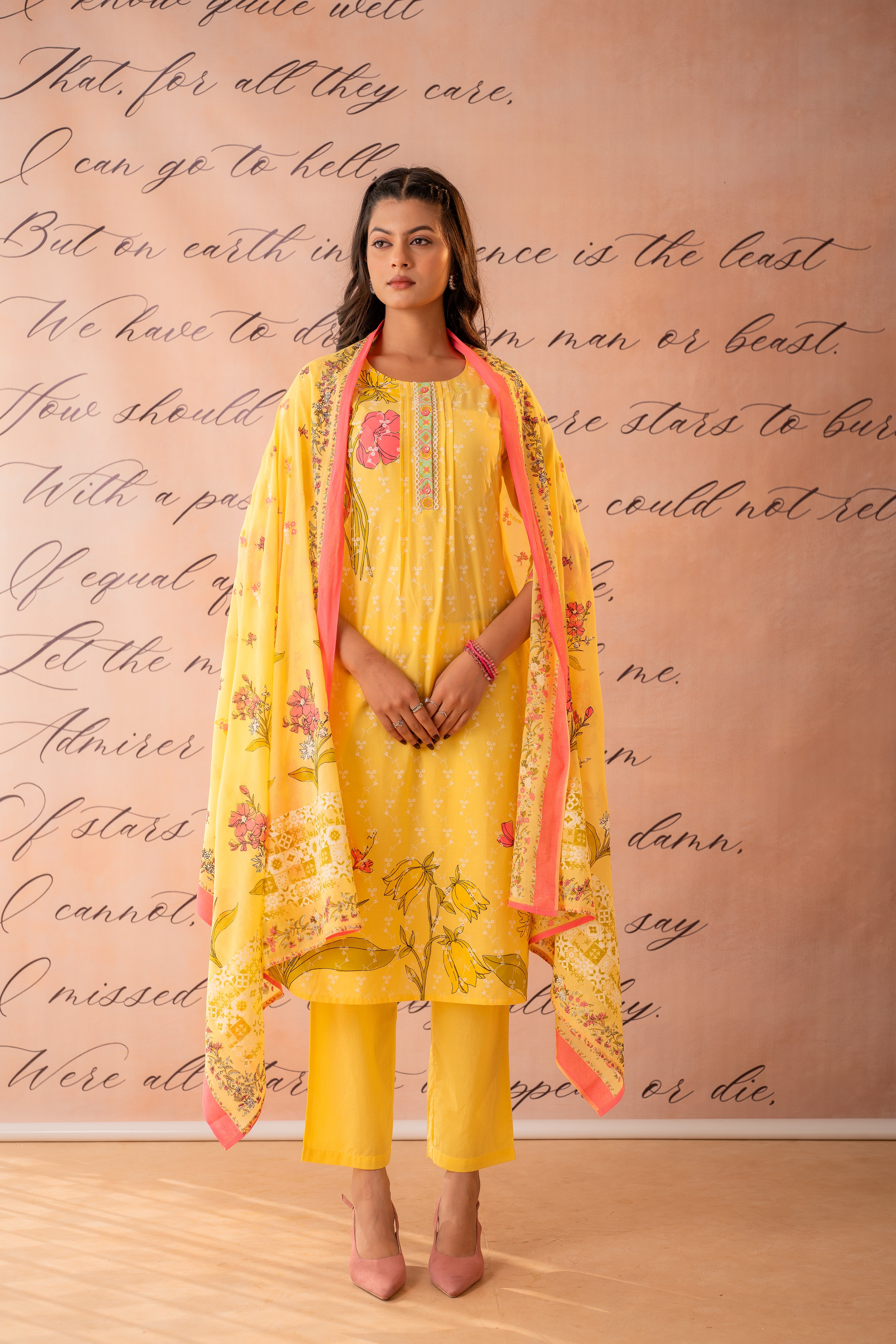 Yellow Floral Printed Kurta Pant And Dupatta Set