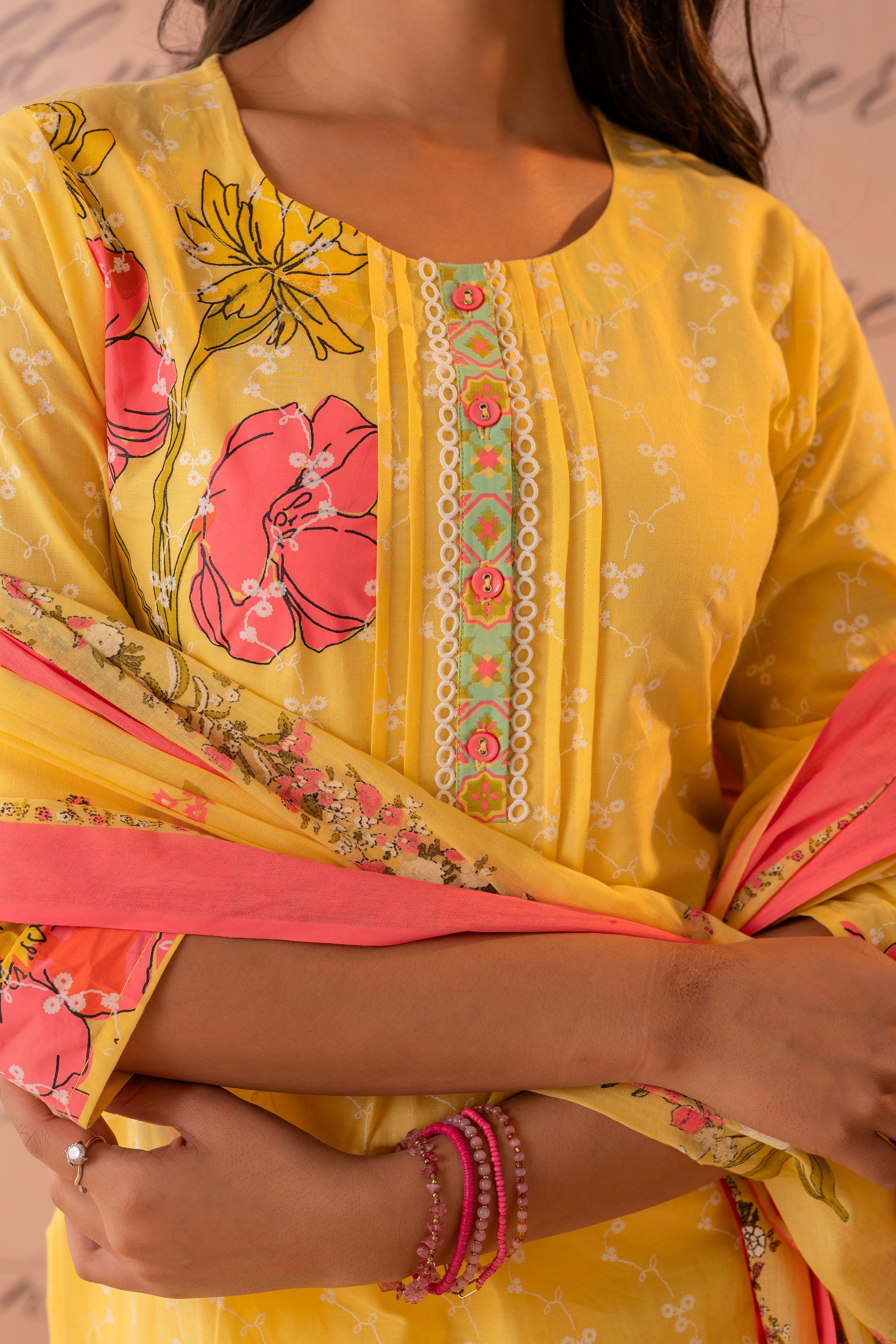 Yellow Floral Printed Kurta Pant And Dupatta Set