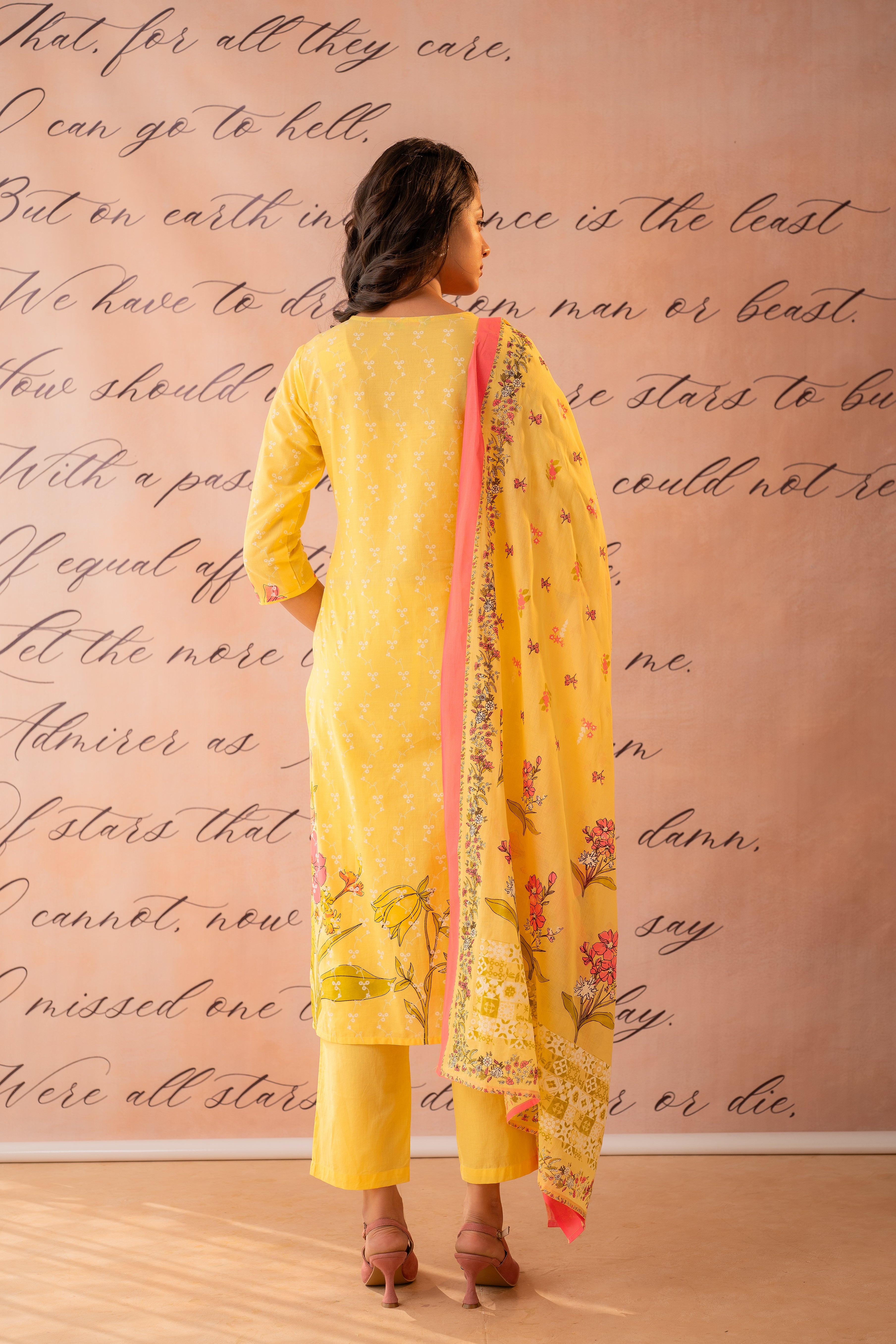 Yellow Floral Printed Kurta Pant And Dupatta Set