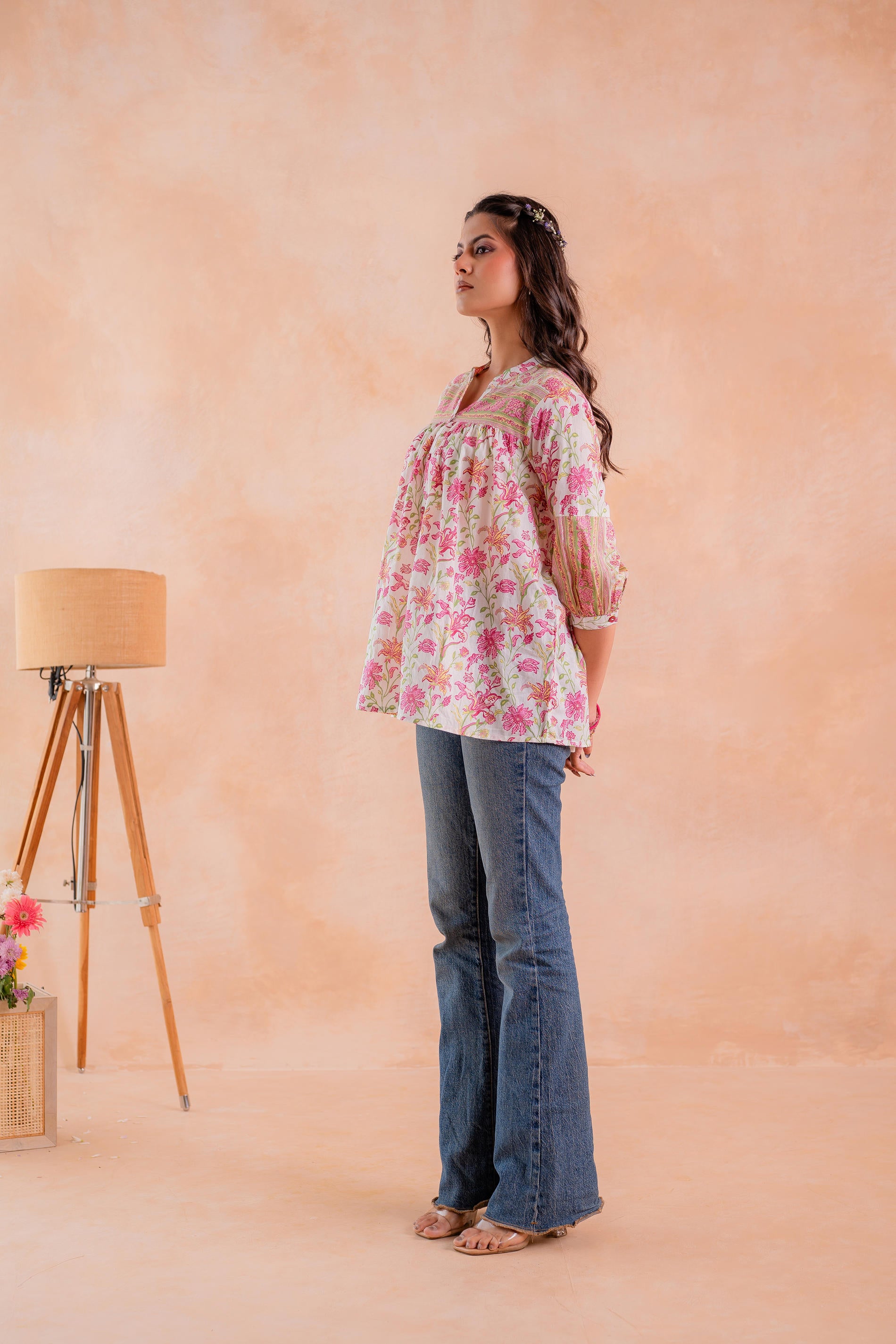 Floral Printed Gathered Ethnic Tunic