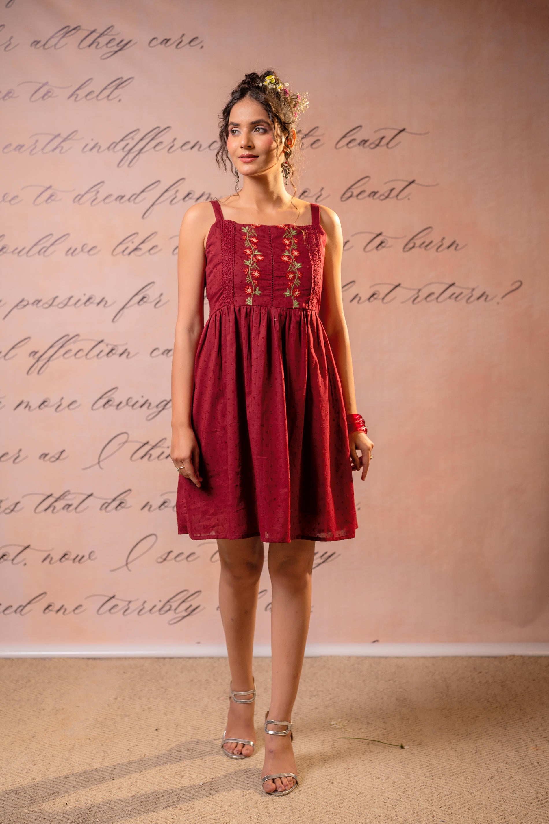 Classic Maroon Sleeveless Embroidered Flared Dress