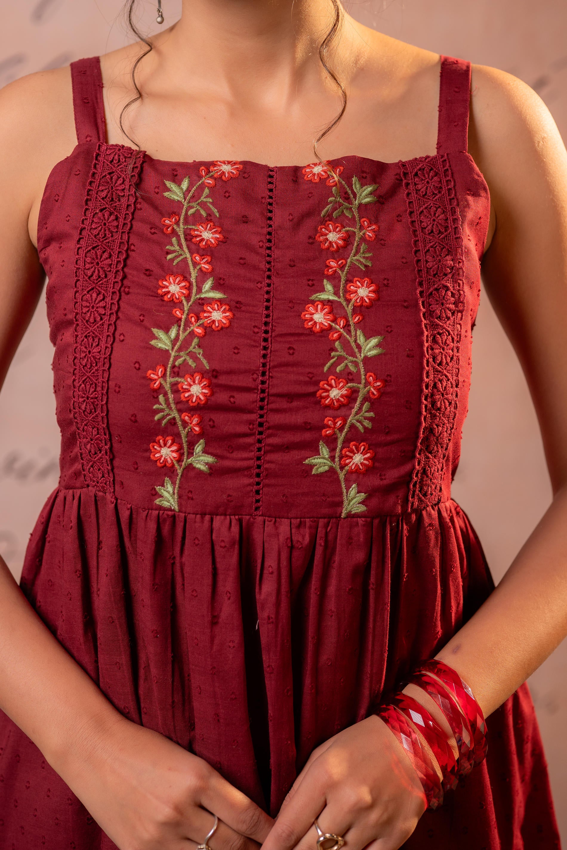 Classic Maroon Sleeveless Embroidered Flared Dress