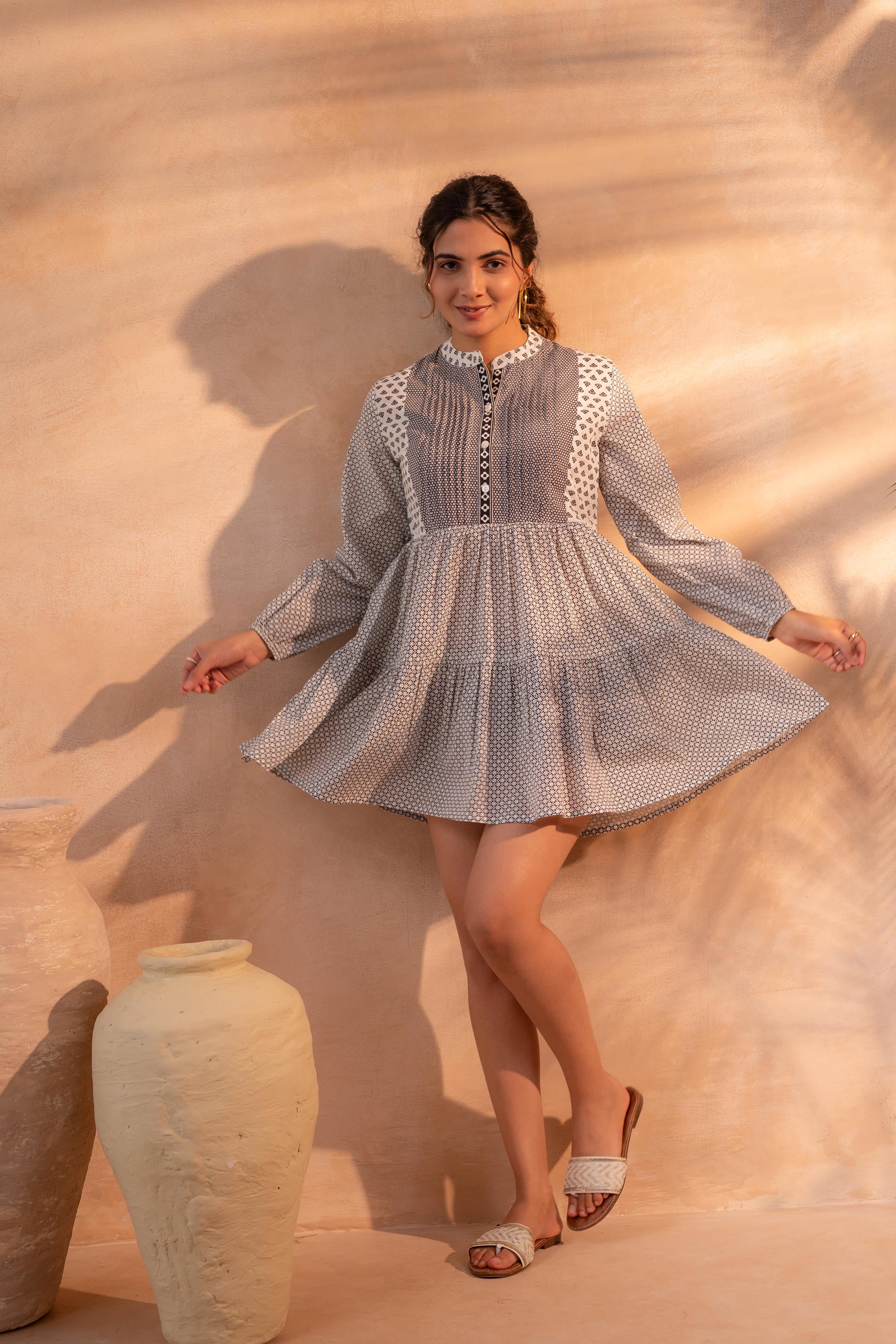 White & Black Printed Flared tunic with Pintuck Yoke