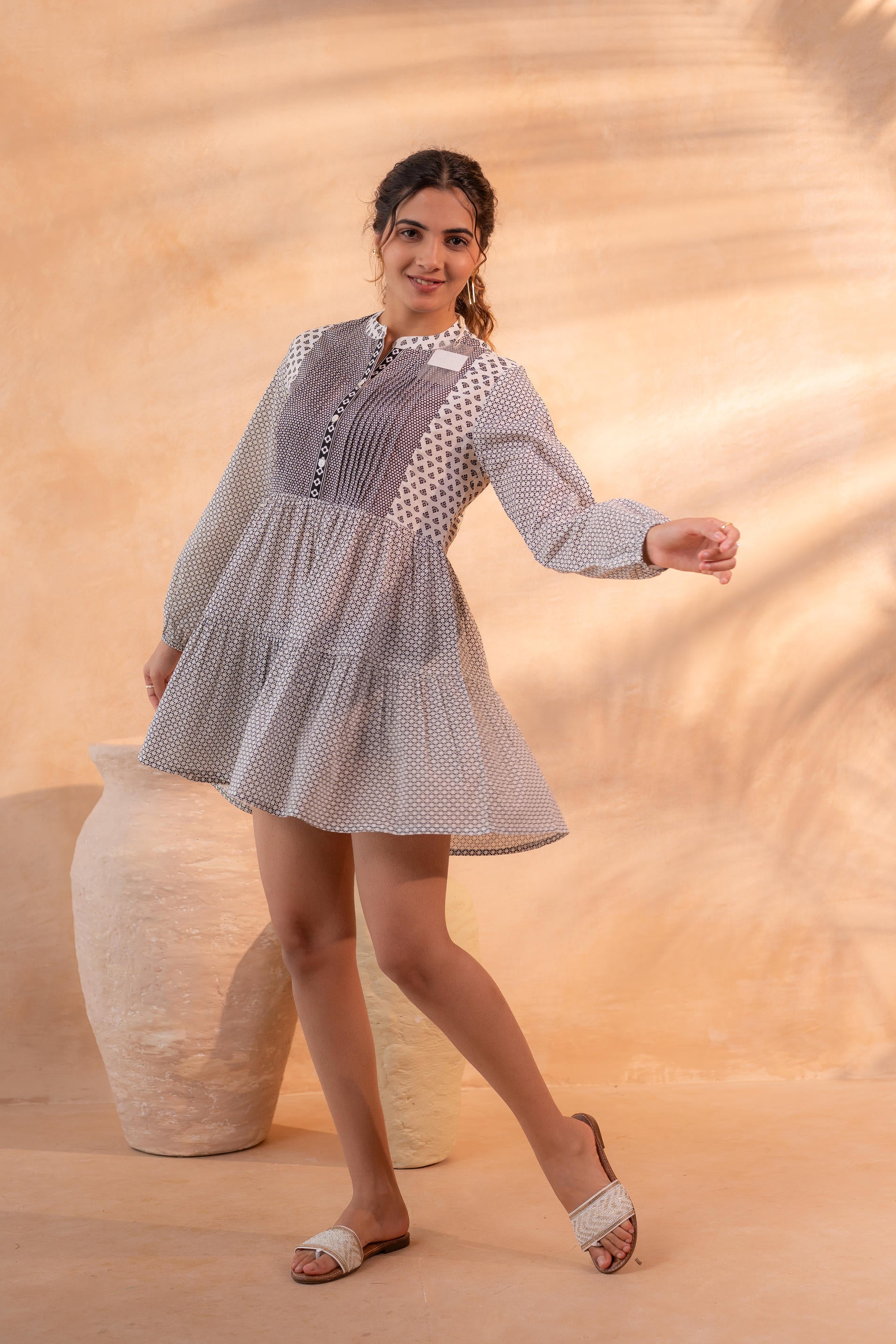 White & Black Printed Flared tunic with Pintuck Yoke