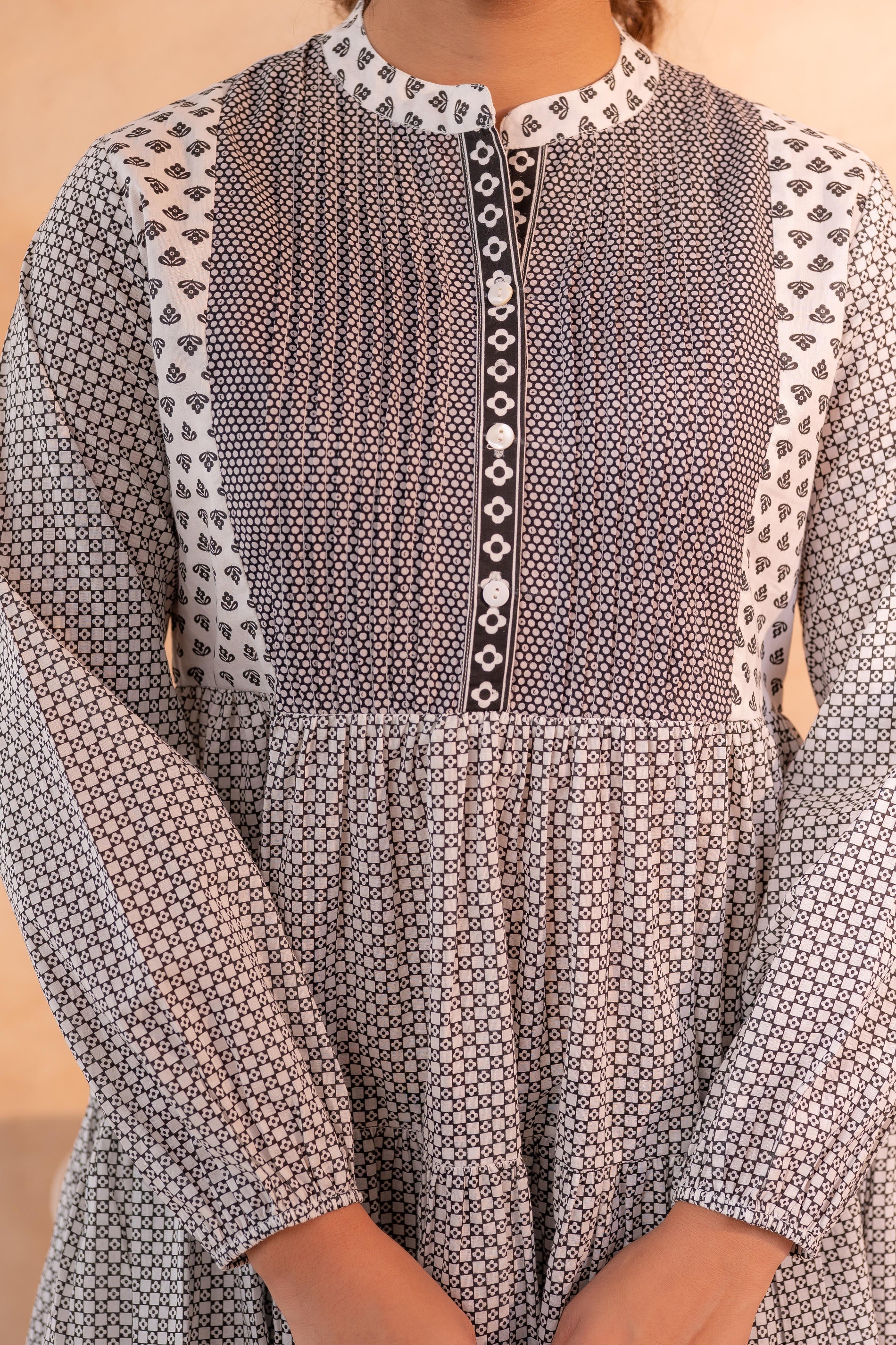 White & Black Printed Flared tunic with Pintuck Yoke