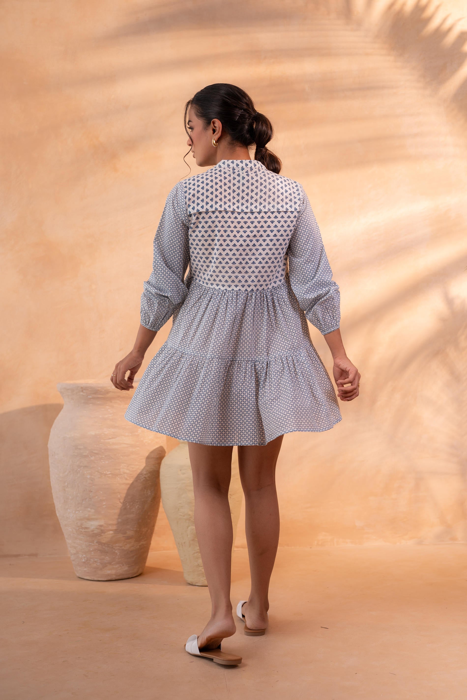 White & Blue Printed Flared tunic with Pintuck Yoke