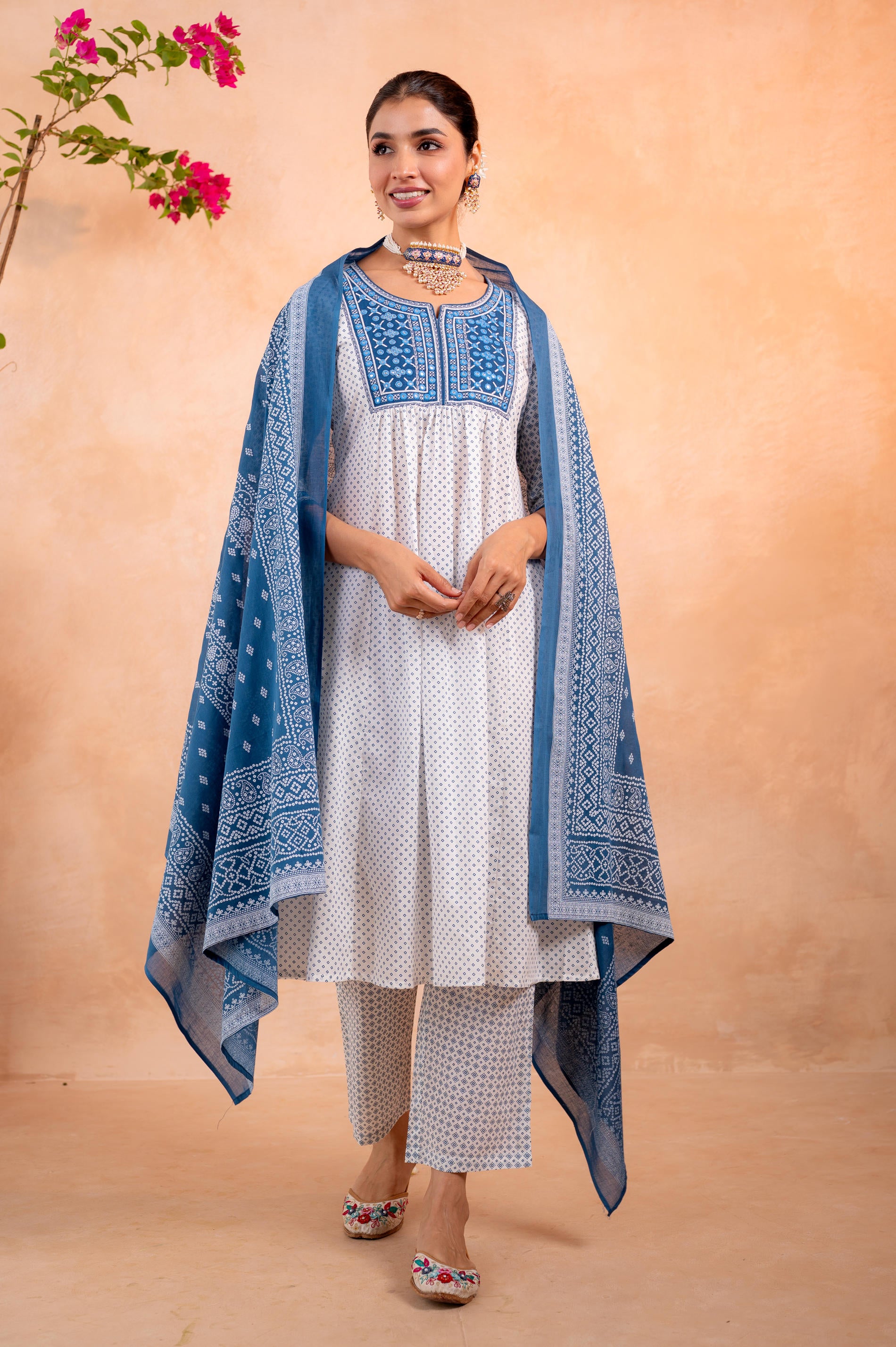 Blue & White Viraasat Printed Kurta Pant And Dupatta Set with Dupatta