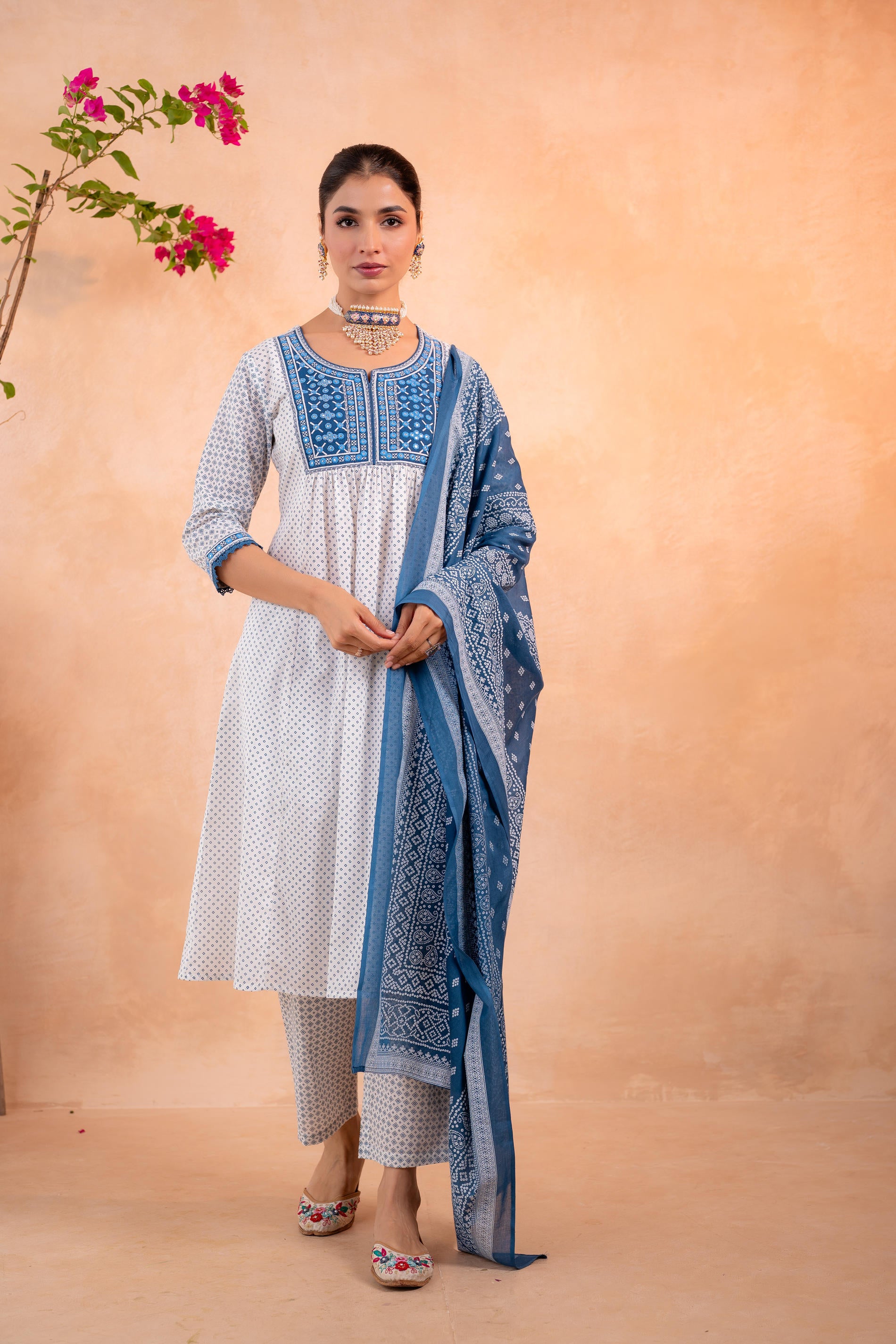 Blue & White Viraasat Printed Kurta Pant And Dupatta Set with Dupatta