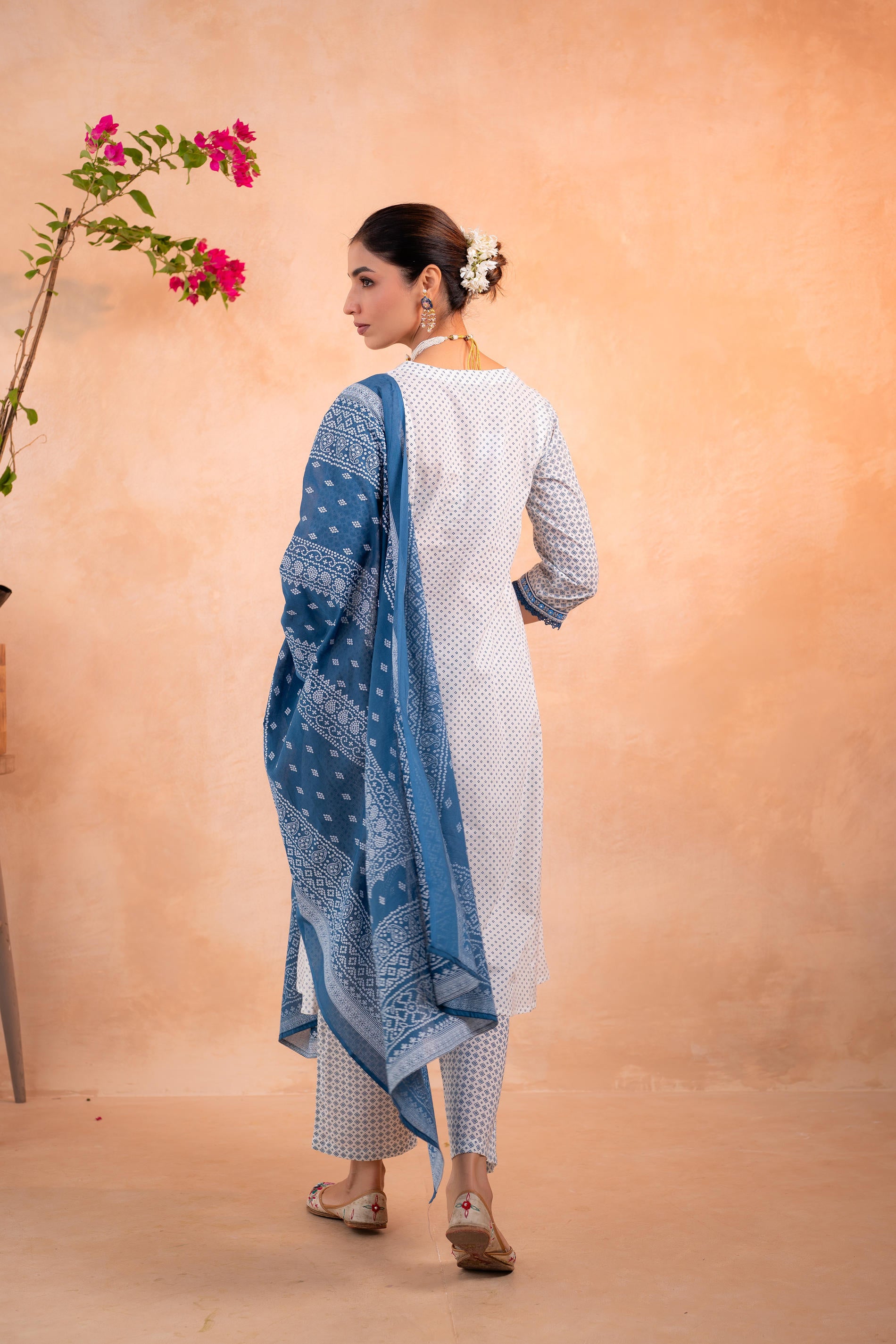 Blue & White Viraasat Printed Kurta Pant And Dupatta Set with Dupatta