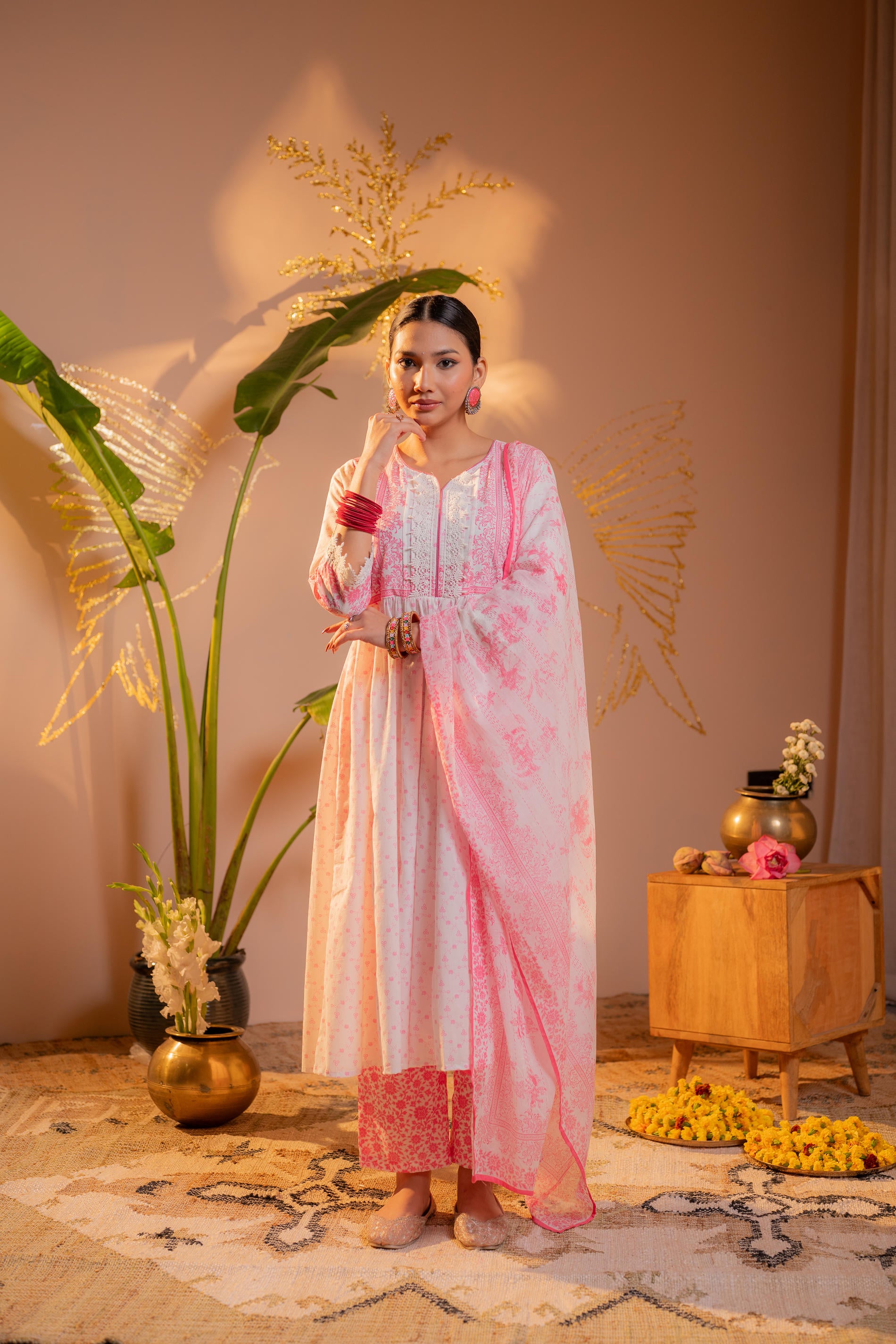 Gulnaar Pink Printed Flared Kurta Pant And Dupatta Set