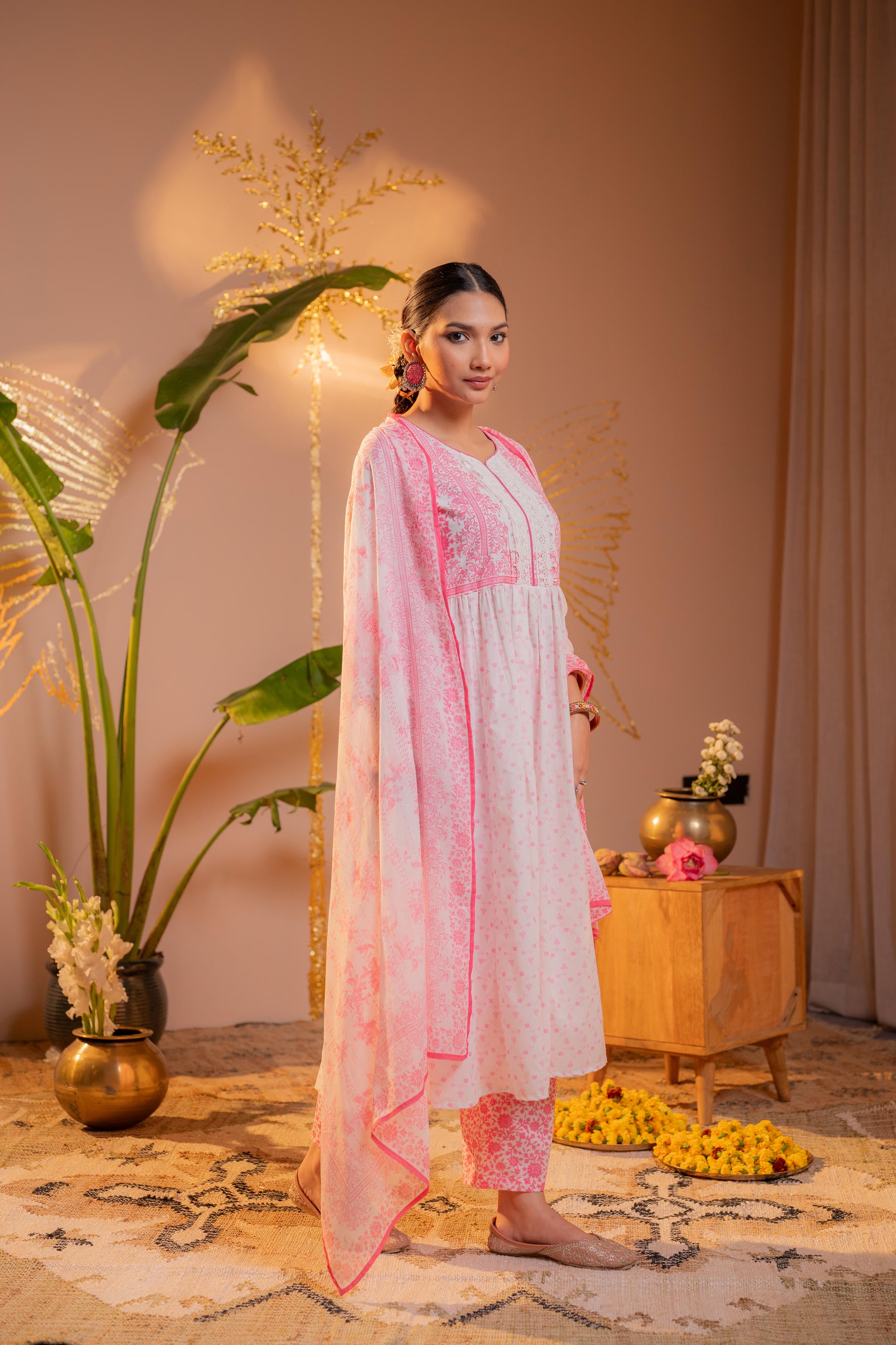 Gulnaar Pink Printed Flared Kurta Pant And Dupatta Set