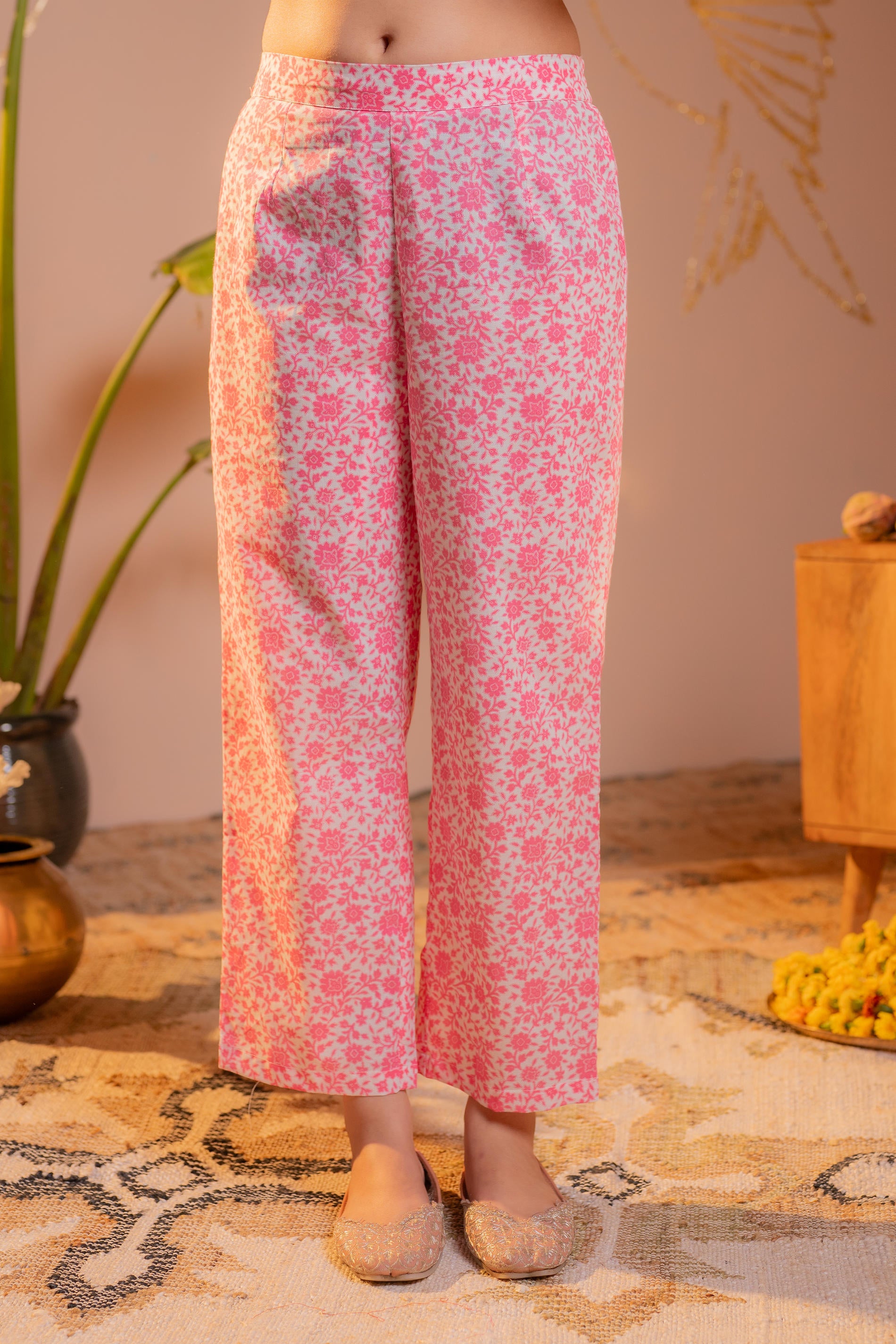 Gulnaar Pink Printed Flared Kurta Pant And Dupatta Set