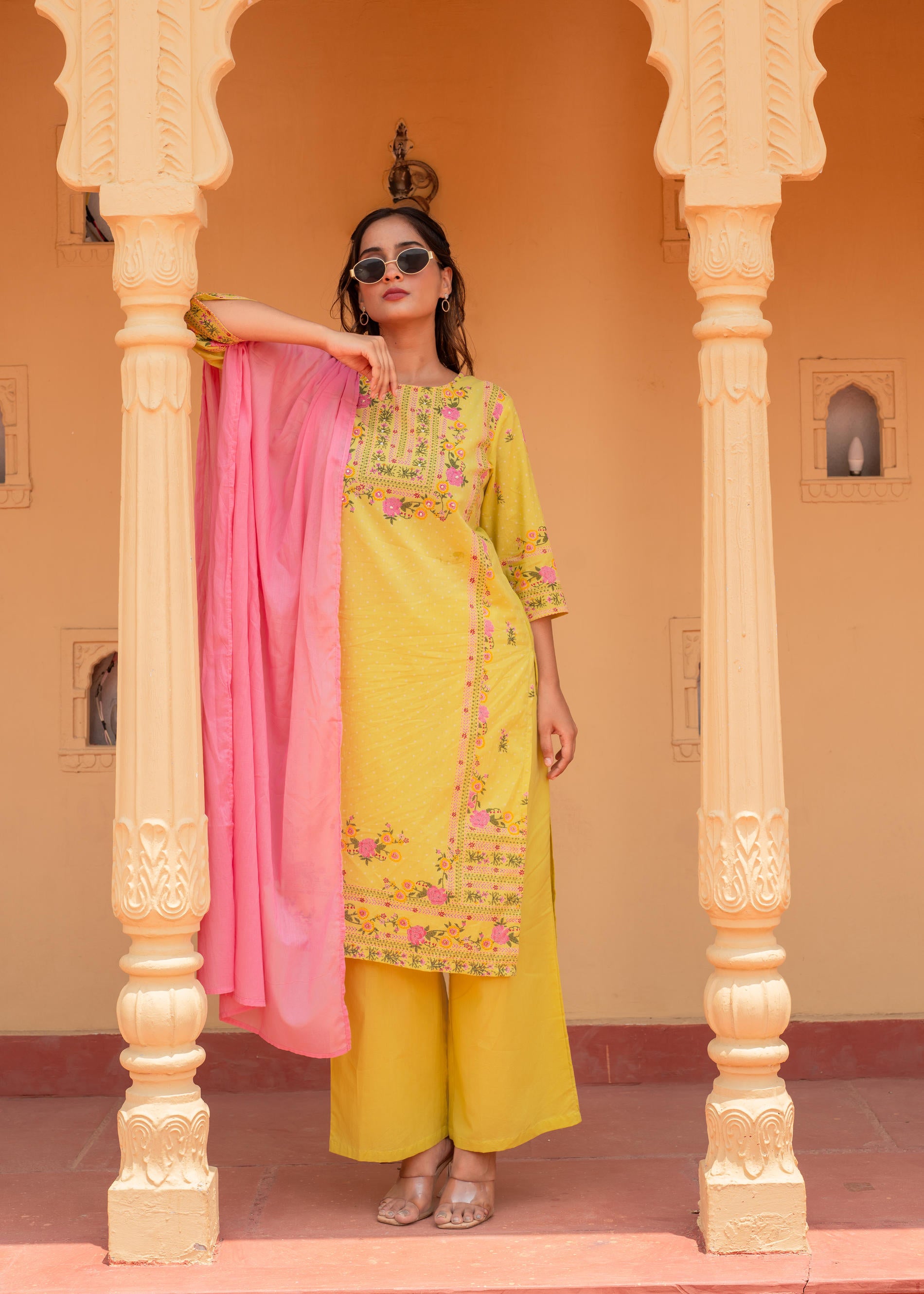 Floral Printed Lime Kurta Set