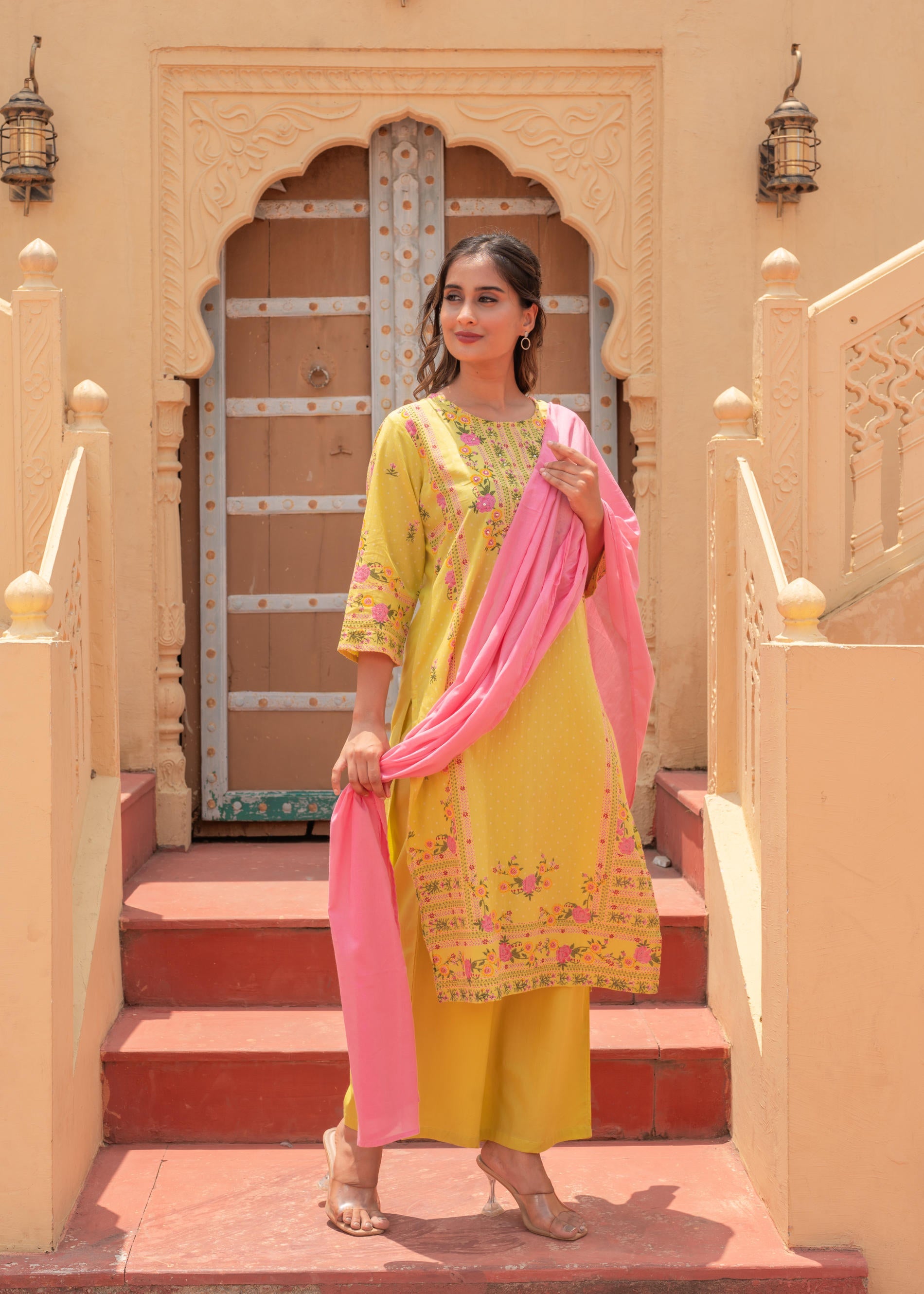 Floral Printed Lime Kurta Set