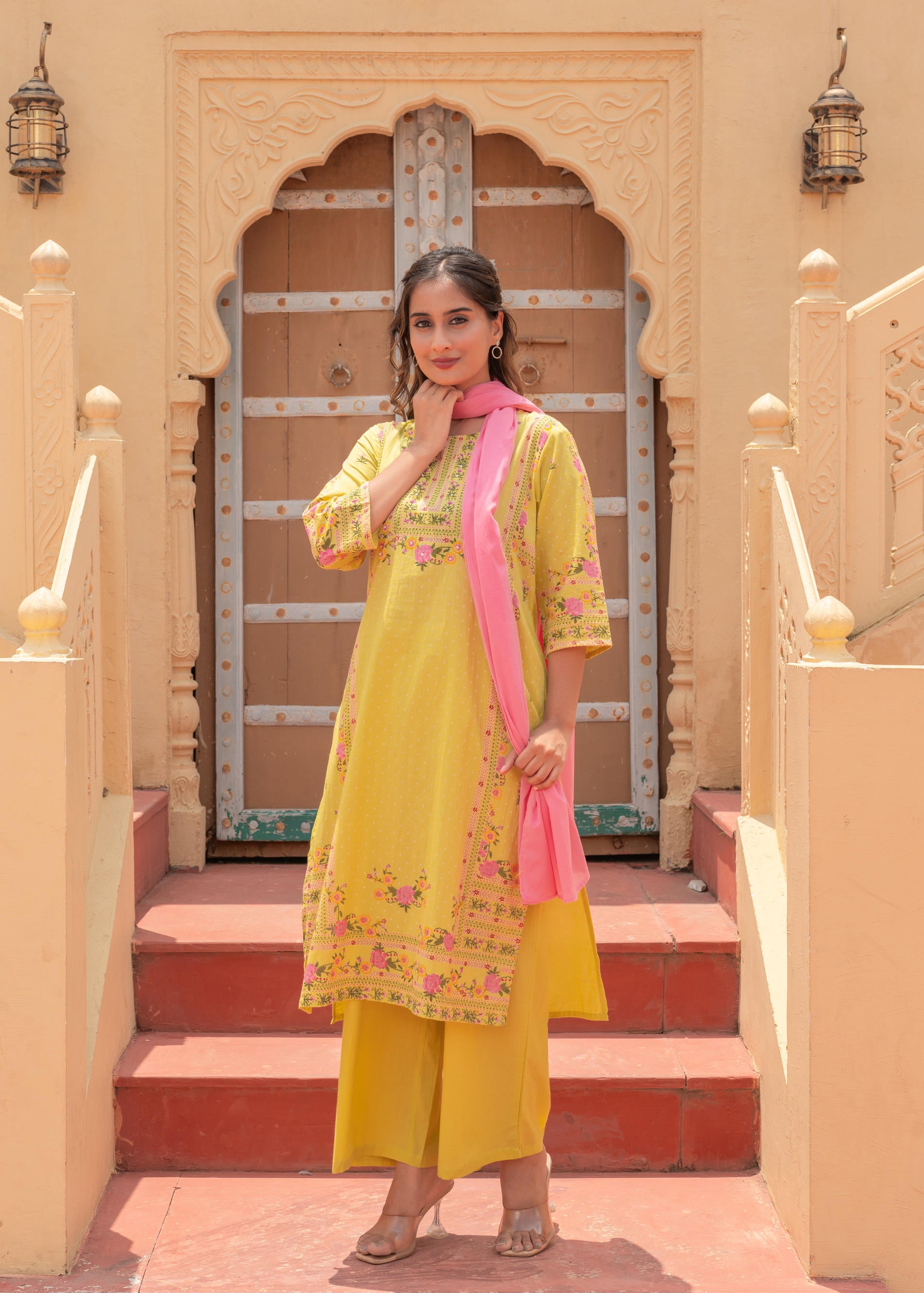 Floral Printed Lime Kurta Set