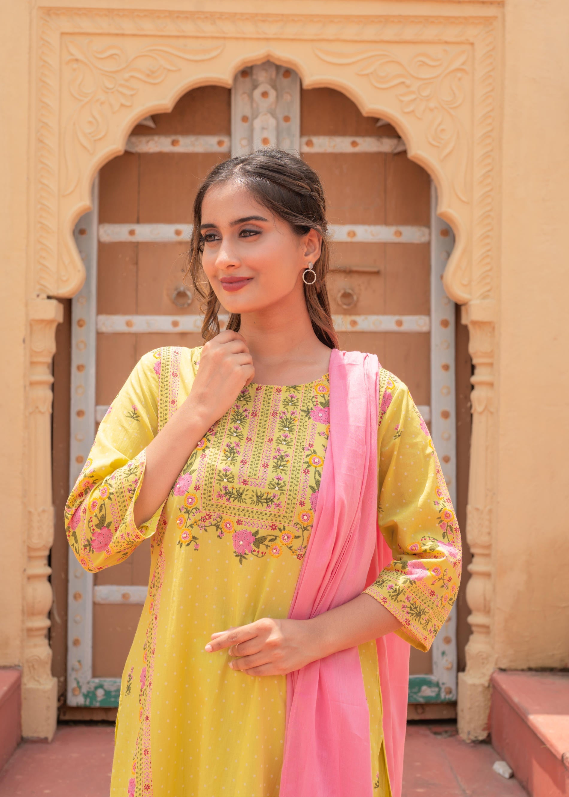 Floral Printed Lime Kurta Set