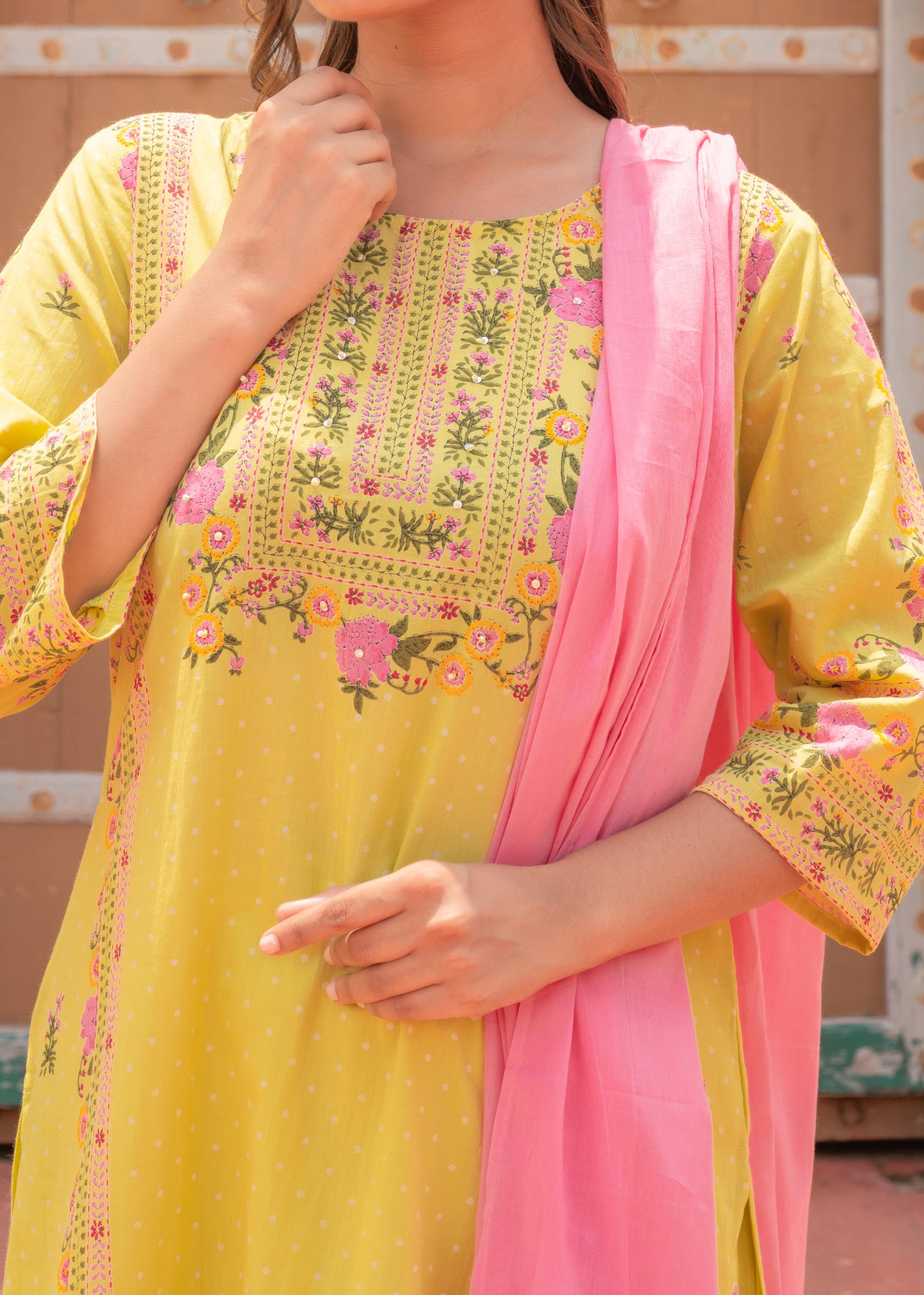 Floral Printed Lime Kurta Set