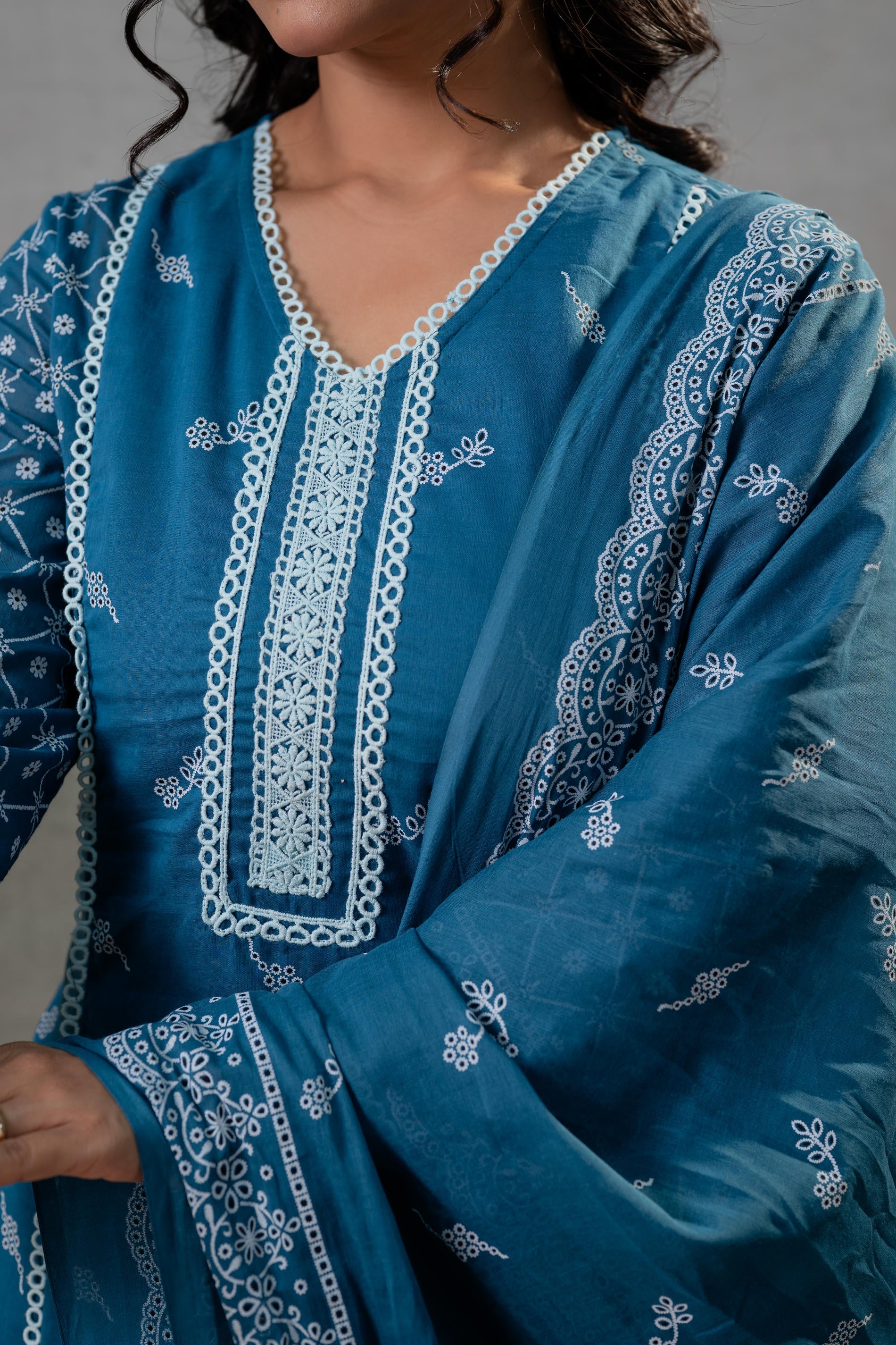 NeelraIndigo Teal Printed Kurta Pant And Dupatta Set