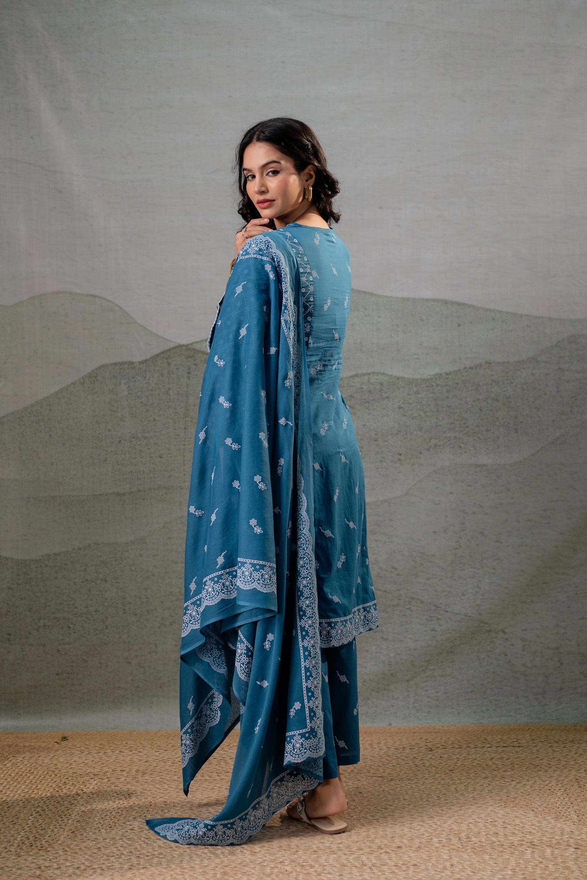 NeelraIndigo Teal Printed Kurta Pant And Dupatta Set