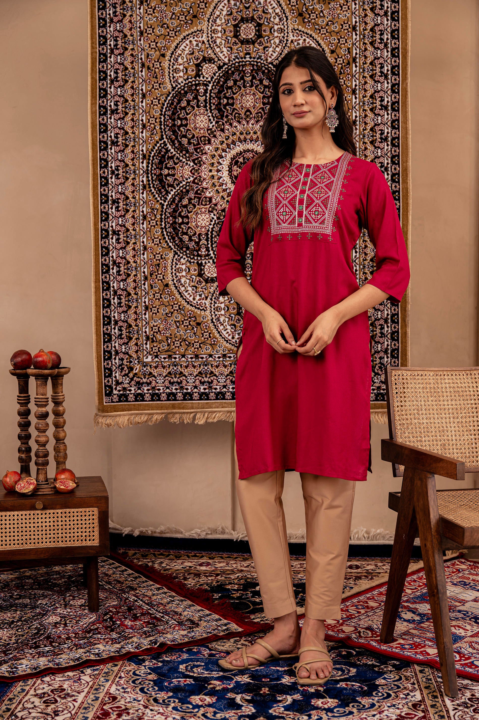 Maroon Embroidered Viscose Kurta
