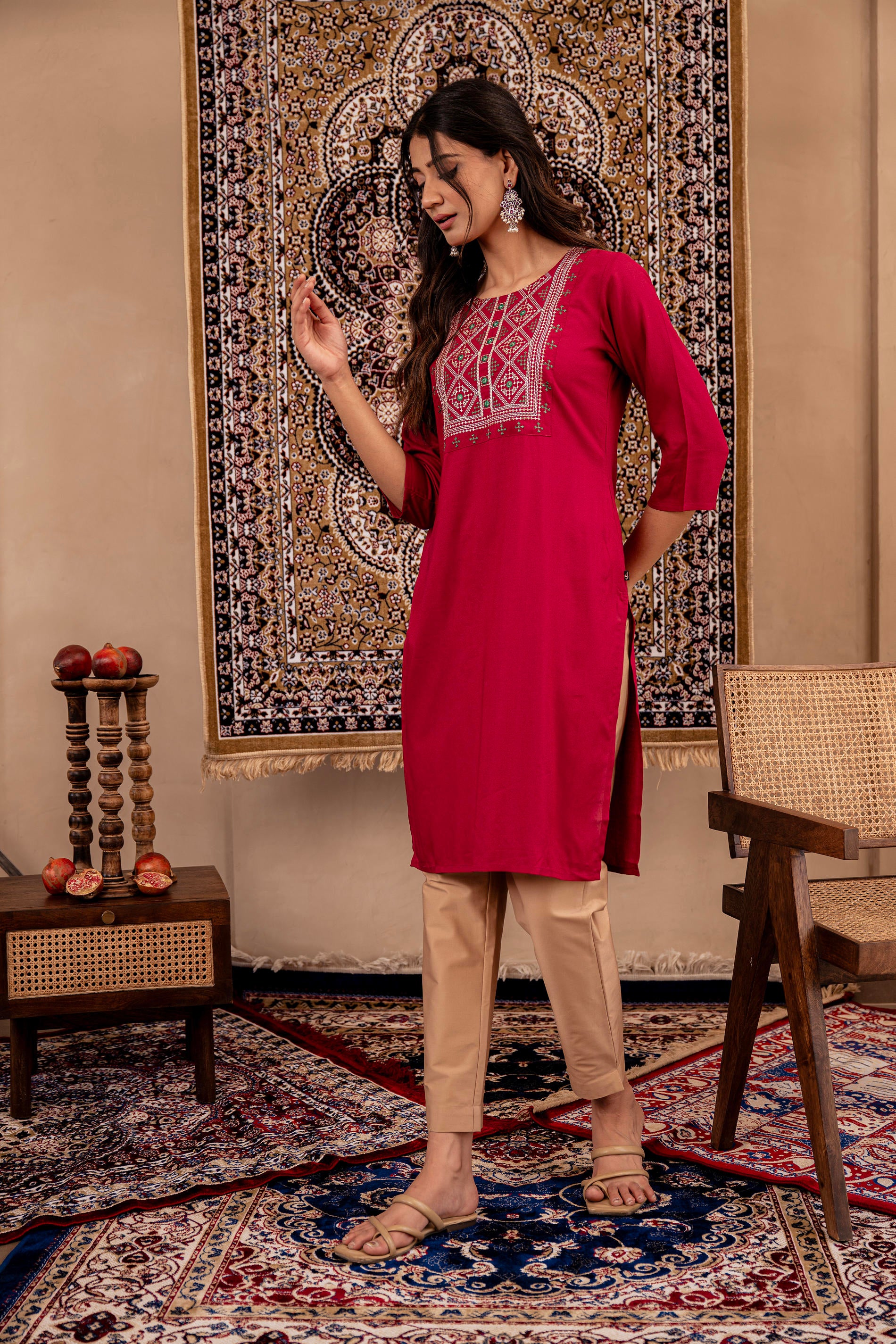 Maroon Embroidered Viscose Kurta