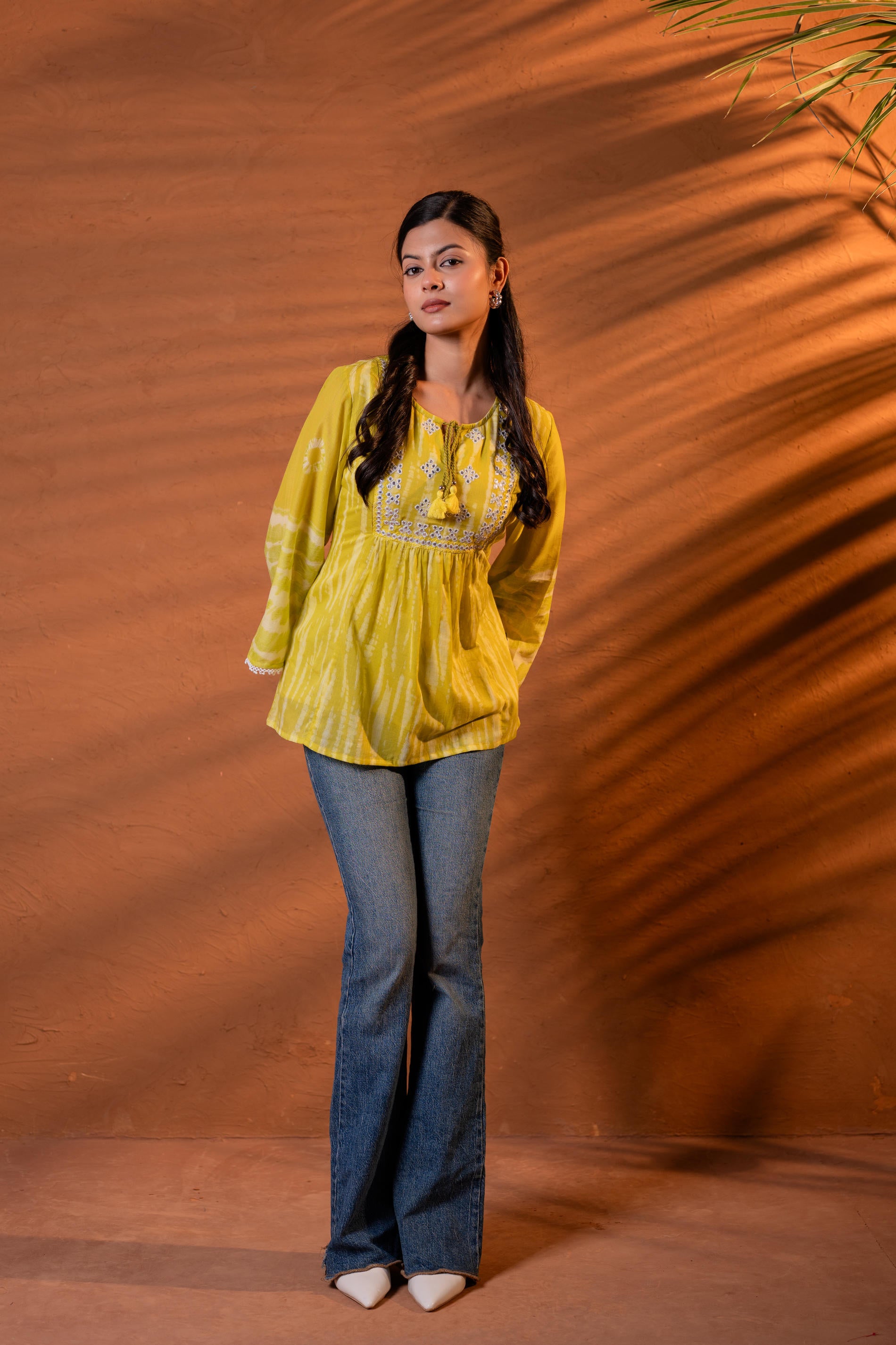 Lime Yellow Tie-Dye Printed Yoke Tunic with Flared Sleeves