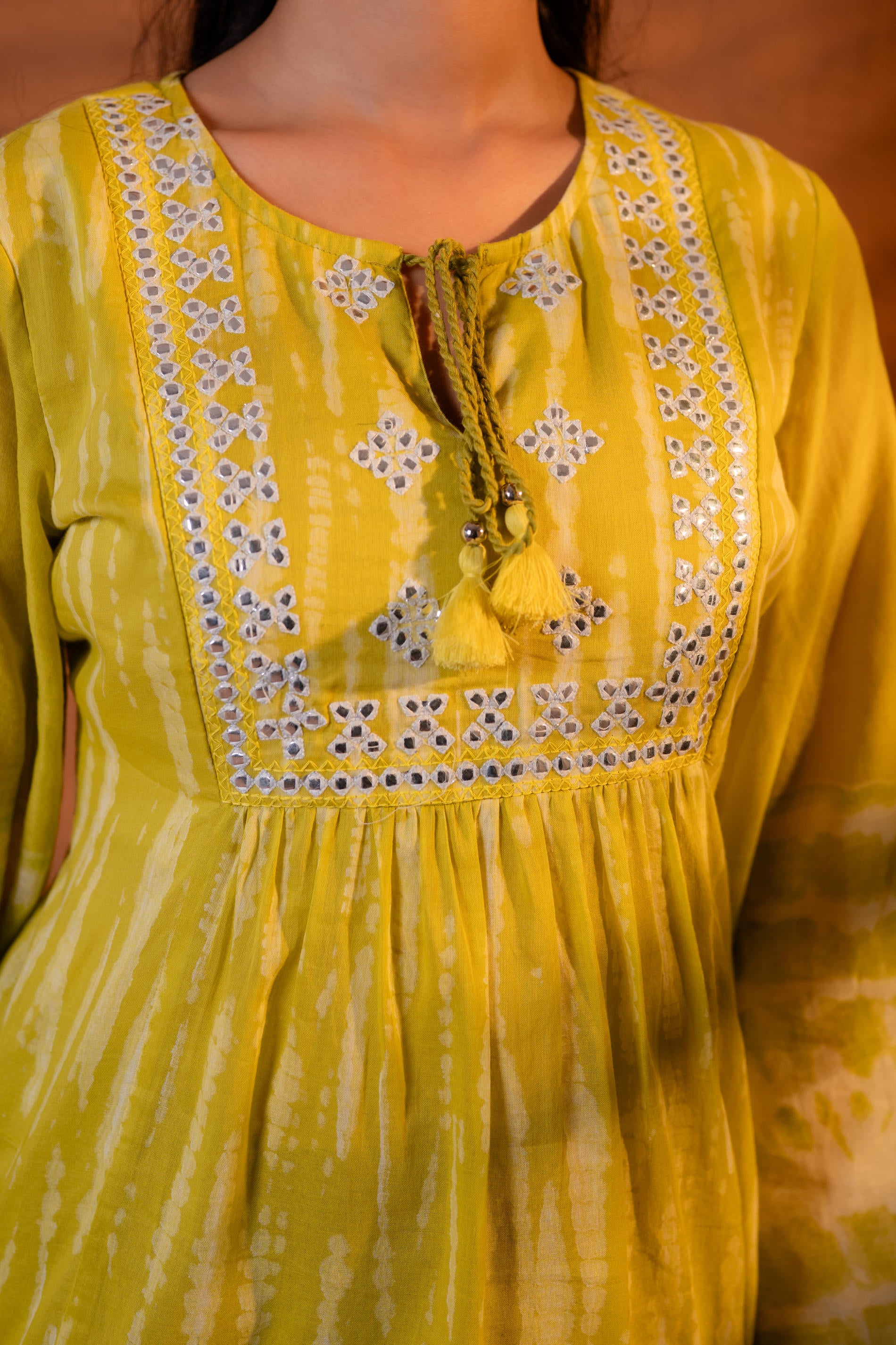 Lime Yellow Tie-Dye Printed Yoke Tunic with Flared Sleeves