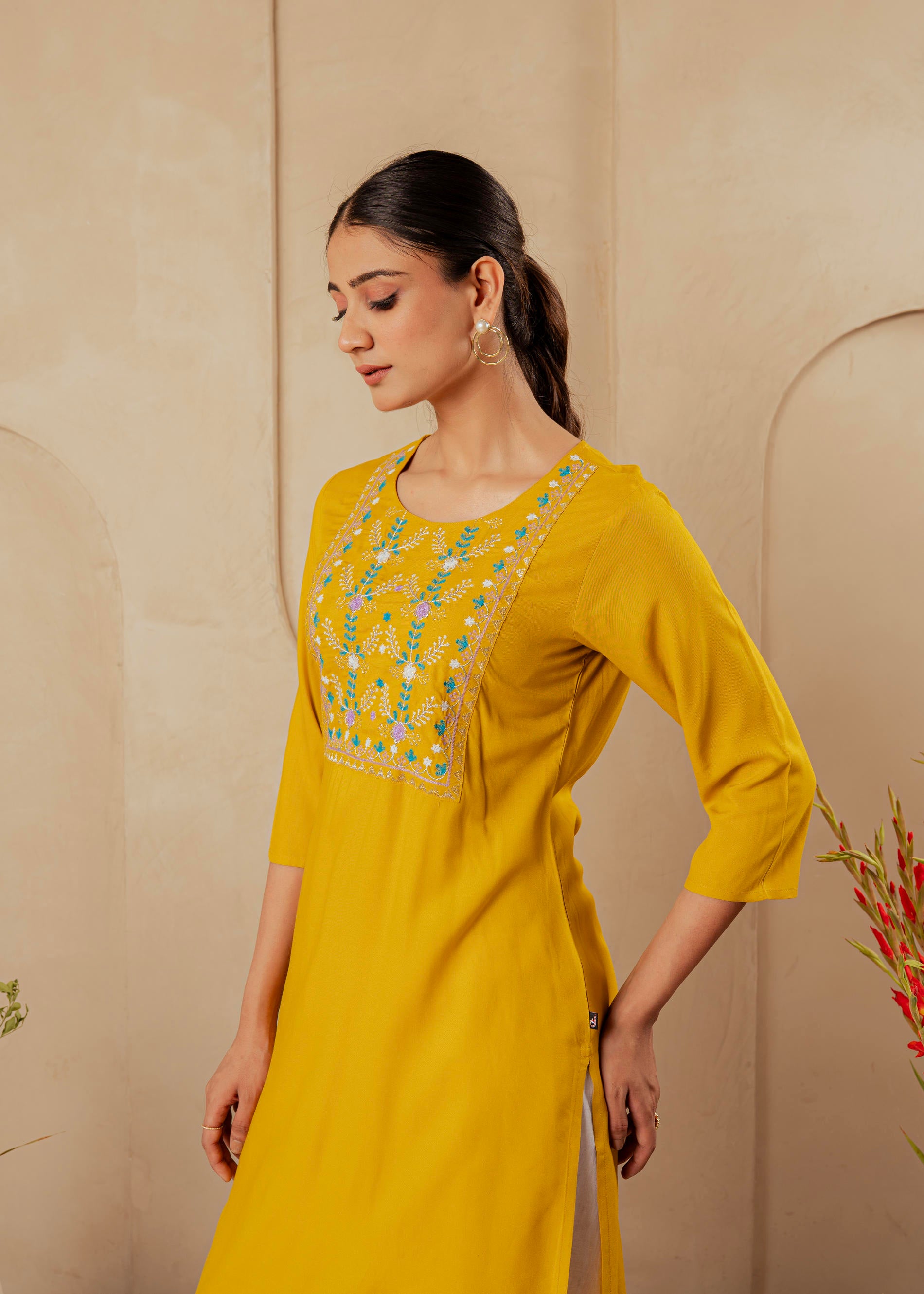 Mustard Embroidered Viscose Kurta